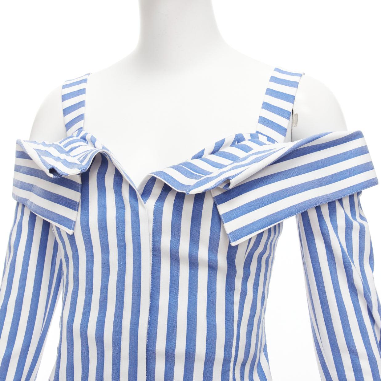 Blue MONSE blue white striped cold shoulder corseted cropped sleeve top US0 XS For Sale