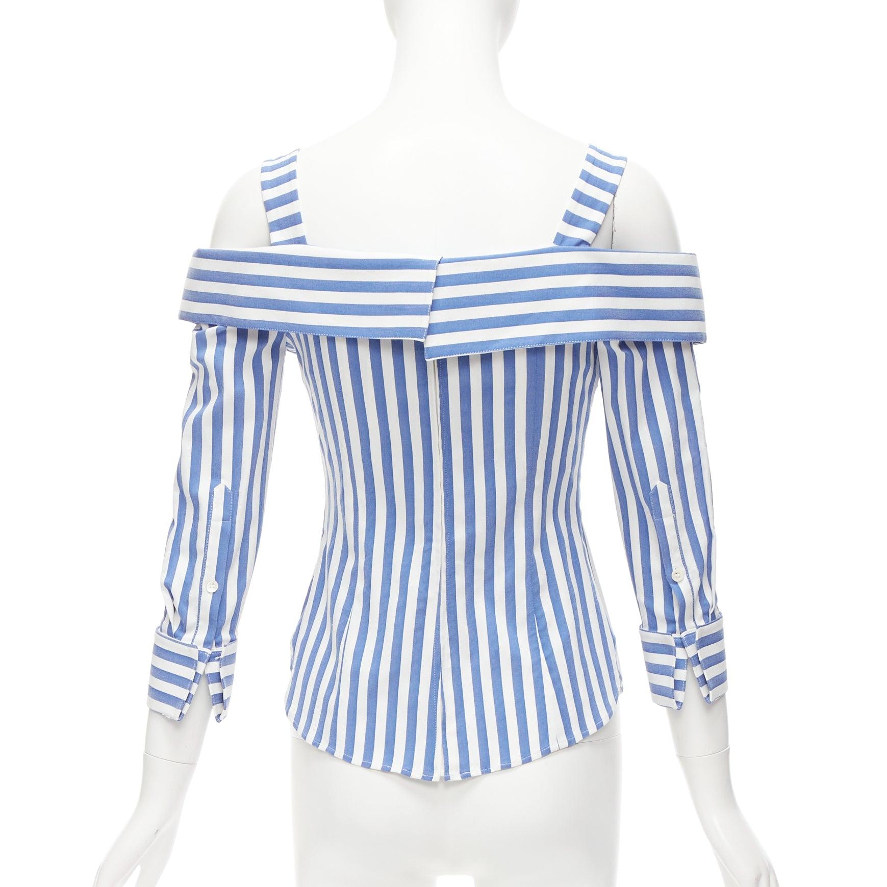 Women's MONSE blue white striped cold shoulder corseted cropped sleeve top US0 XS For Sale