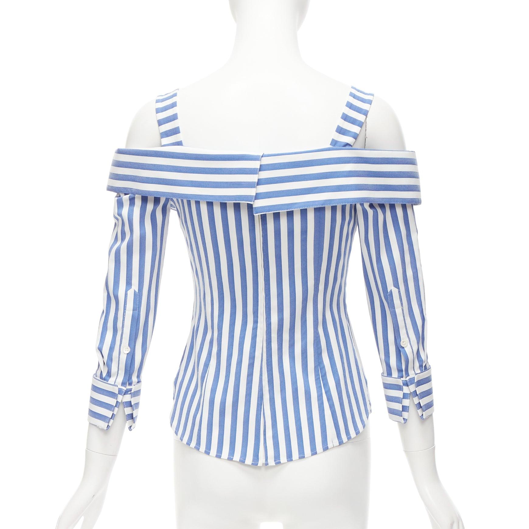 MONSE blue white striped cold shoulder corseted cropped sleeve top US0 XS For Sale 1