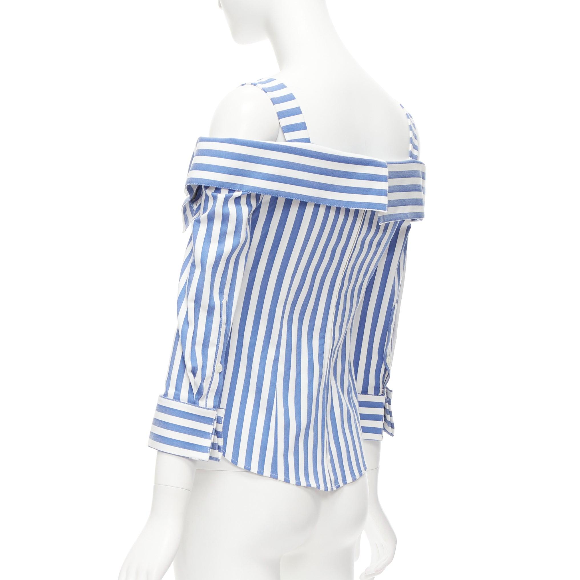 MONSE blue white striped cold shoulder corseted cropped sleeve top US0 XS For Sale 2