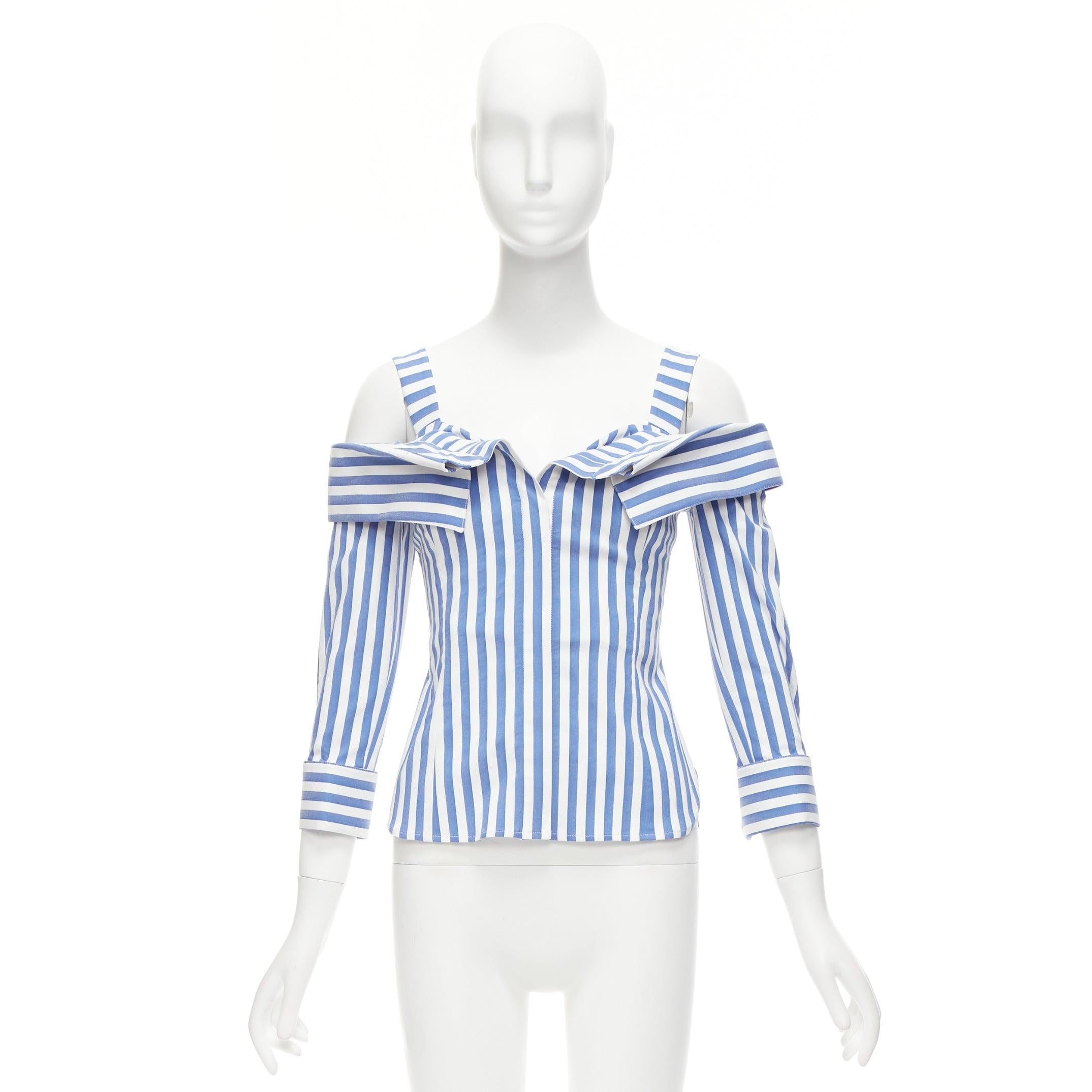 MONSE blue white striped cold shoulder corseted cropped sleeve top US0 XS For Sale 4