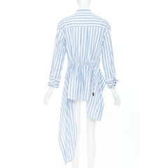 MONSE blue white striped cotton asymmetric hem draped dress shirt US0 XS