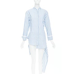 MONSE blue white striped cotton asymmetric hem draped dress shirt US0 XS