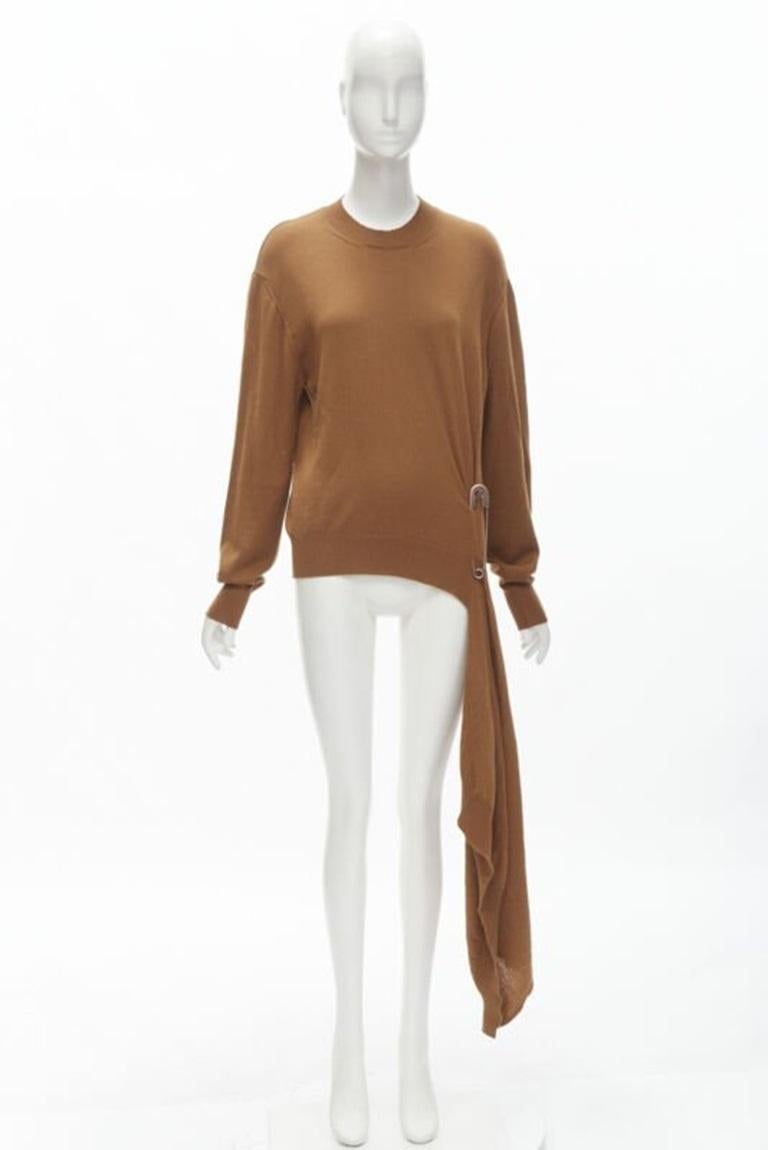 MONSE brown 100% wool XL safety pin draped hem sweater M For Sale 5