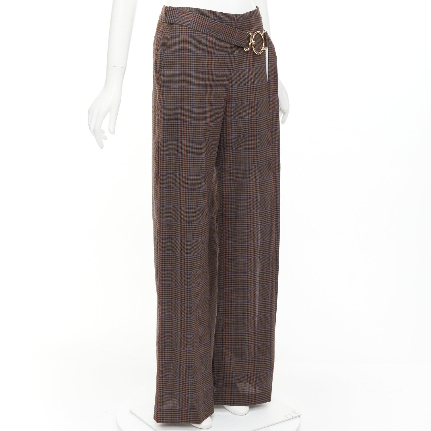 Black MONSE brown virgin wool checkered long gold belt wide leg pants US2 S For Sale