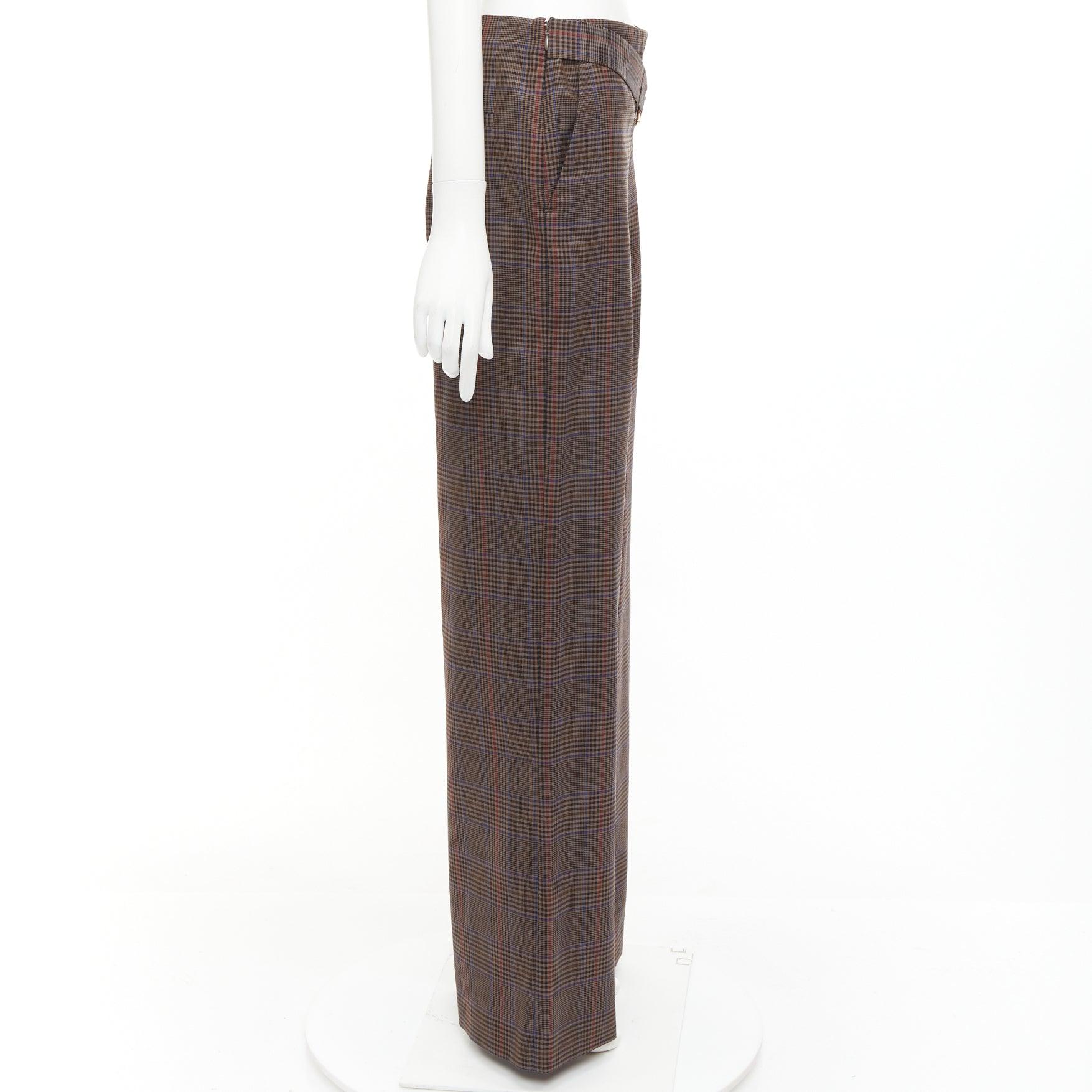 MONSE brown virgin wool checkered long gold belt wide leg pants US2 S In Excellent Condition For Sale In Hong Kong, NT