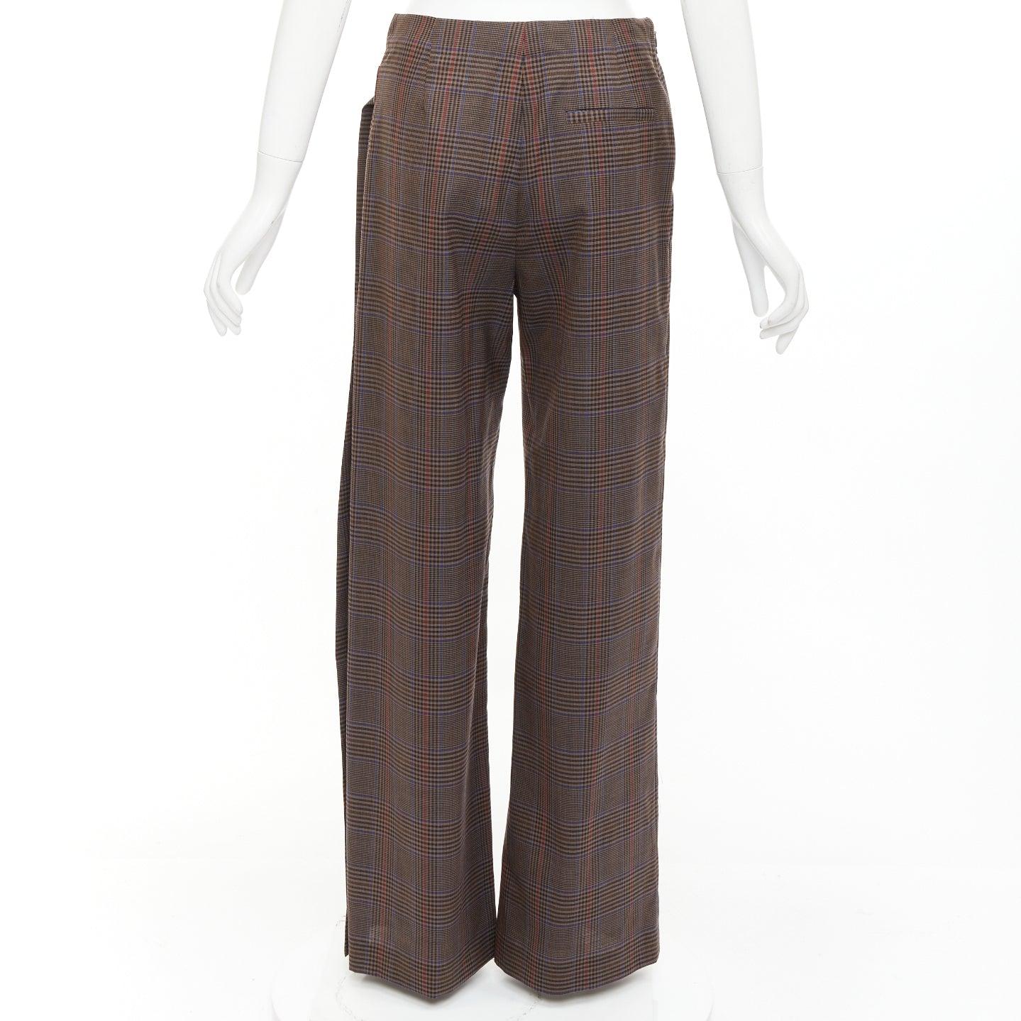 Women's MONSE brown virgin wool checkered long gold belt wide leg pants US2 S For Sale