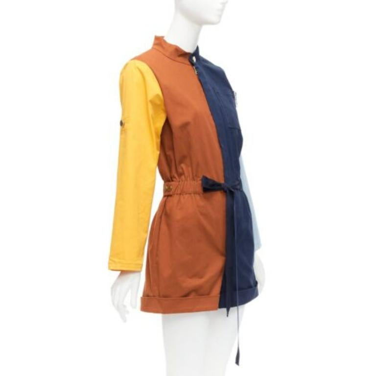 Brown MONSE brown yellow navy colorblocked belted long sleeve romper US0 XS For Sale