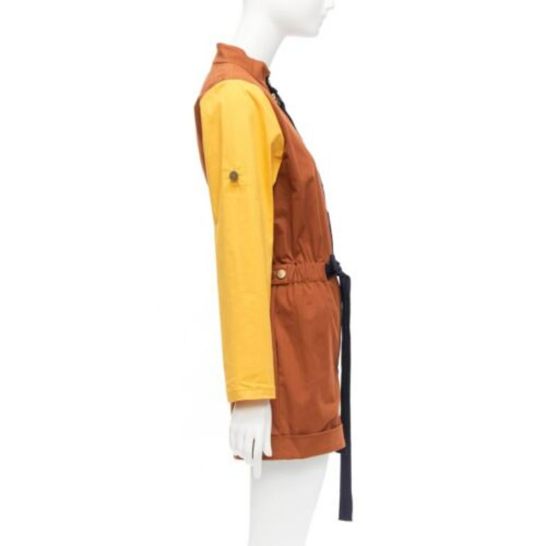 MONSE brown yellow navy colorblocked belted long sleeve romper US0 XS In Excellent Condition For Sale In Hong Kong, NT