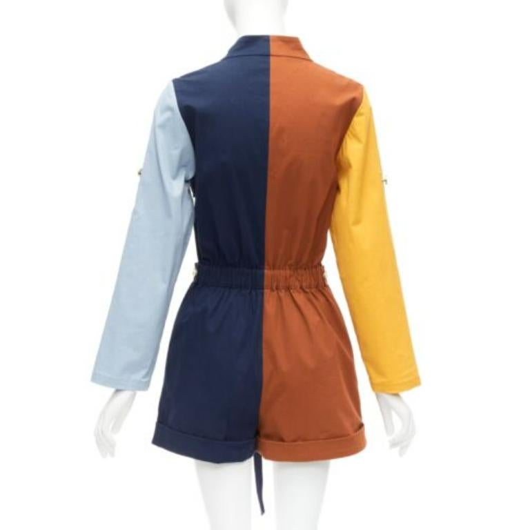 Women's MONSE brown yellow navy colorblocked belted long sleeve romper US0 XS For Sale