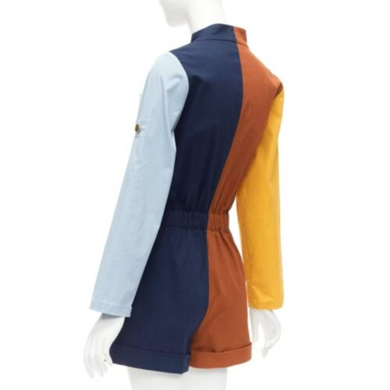 MONSE brown yellow navy colorblocked belted long sleeve romper US0 XS For Sale 1