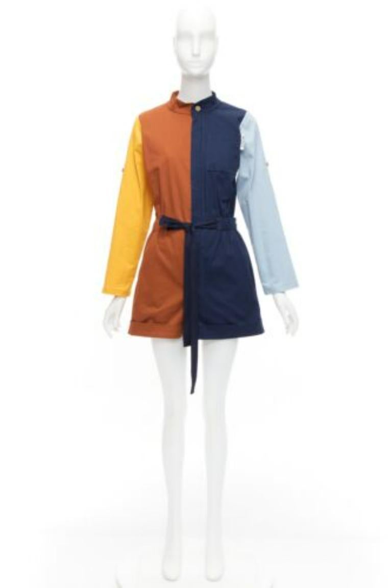 MONSE brown yellow navy colorblocked belted long sleeve romper US0 XS For Sale 4
