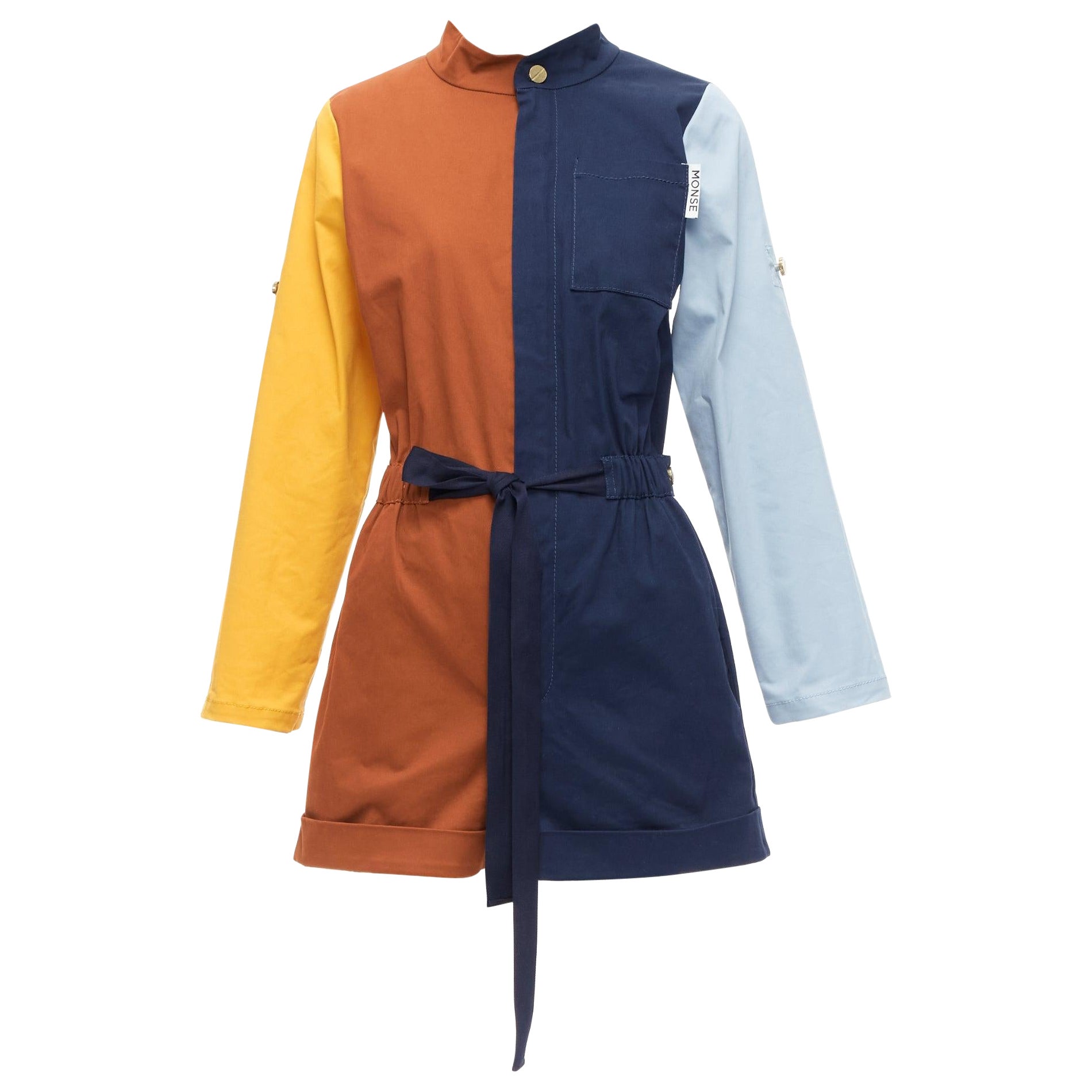 MONSE brown yellow navy colorblocked belted long sleeve romper US0 XS