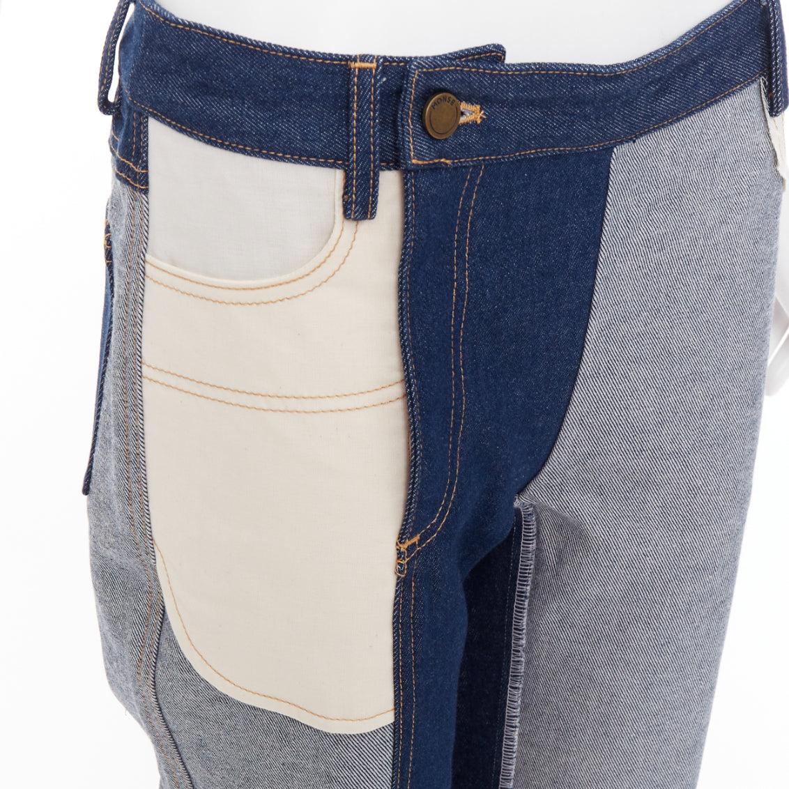 MONSE dark light blue reversed deconstructed patchwork flare cropped jeans US2 S For Sale 2