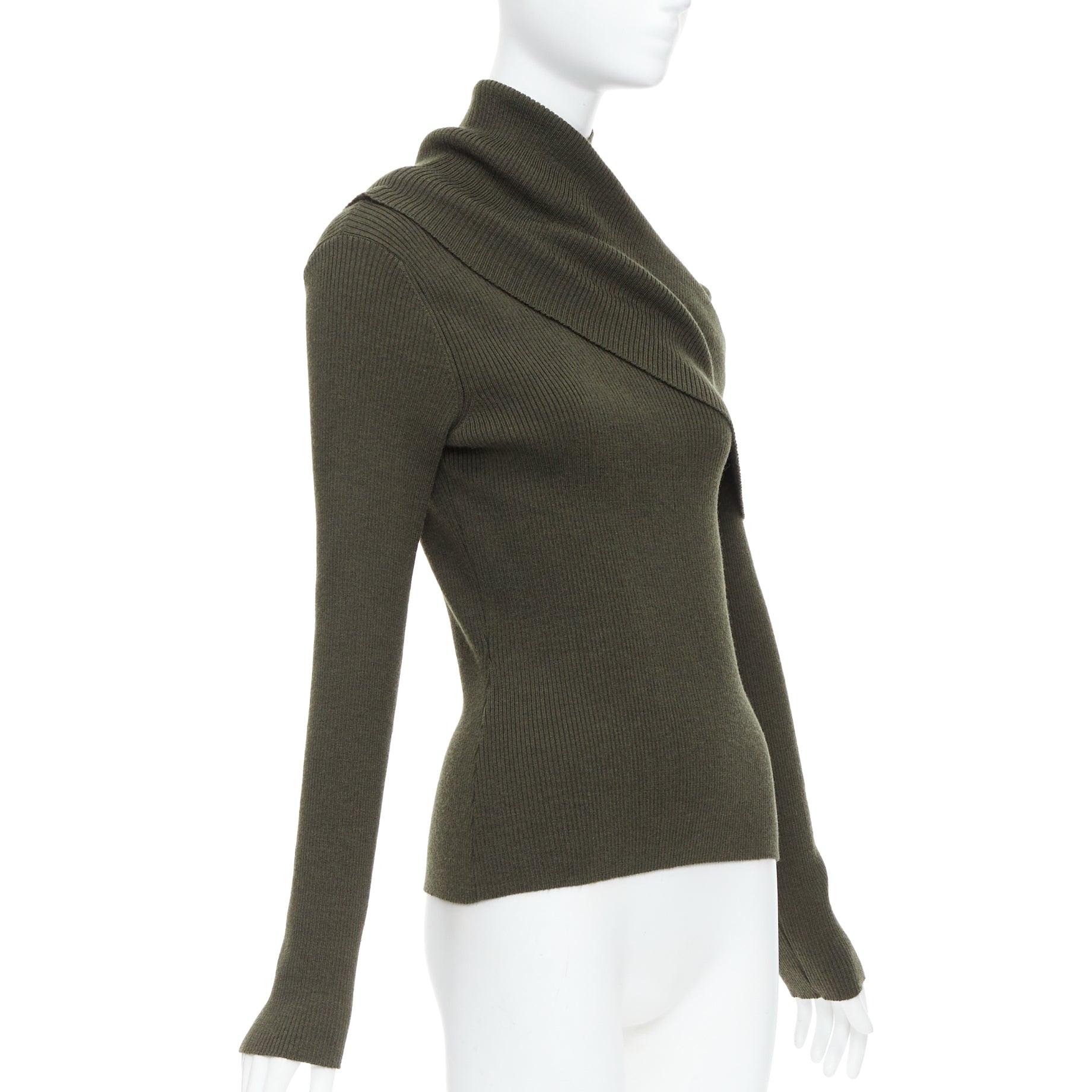 Black MONSE green merino wool fold over draped off shoulder sweater S For Sale