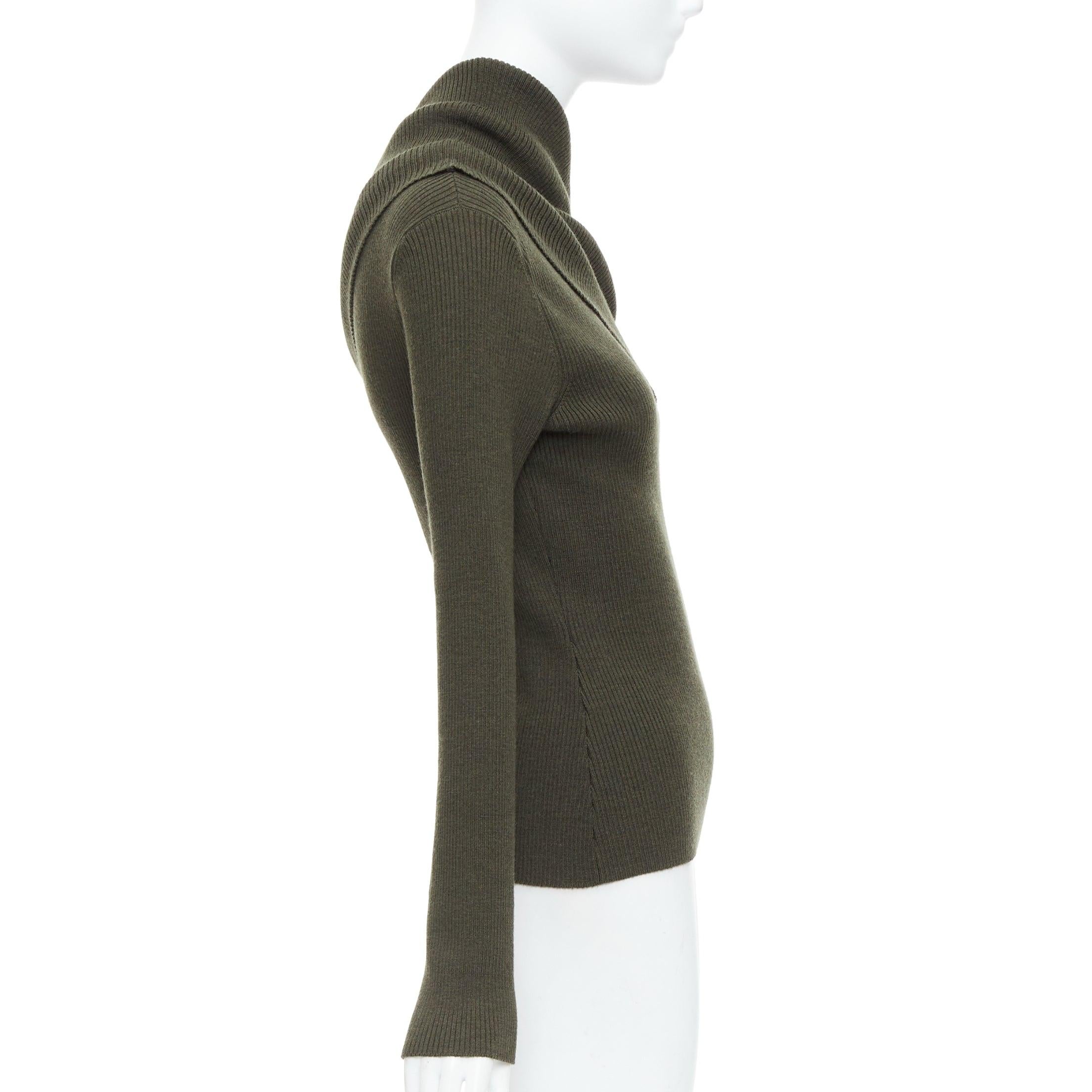 MONSE green merino wool fold over draped off shoulder sweater S In Excellent Condition For Sale In Hong Kong, NT