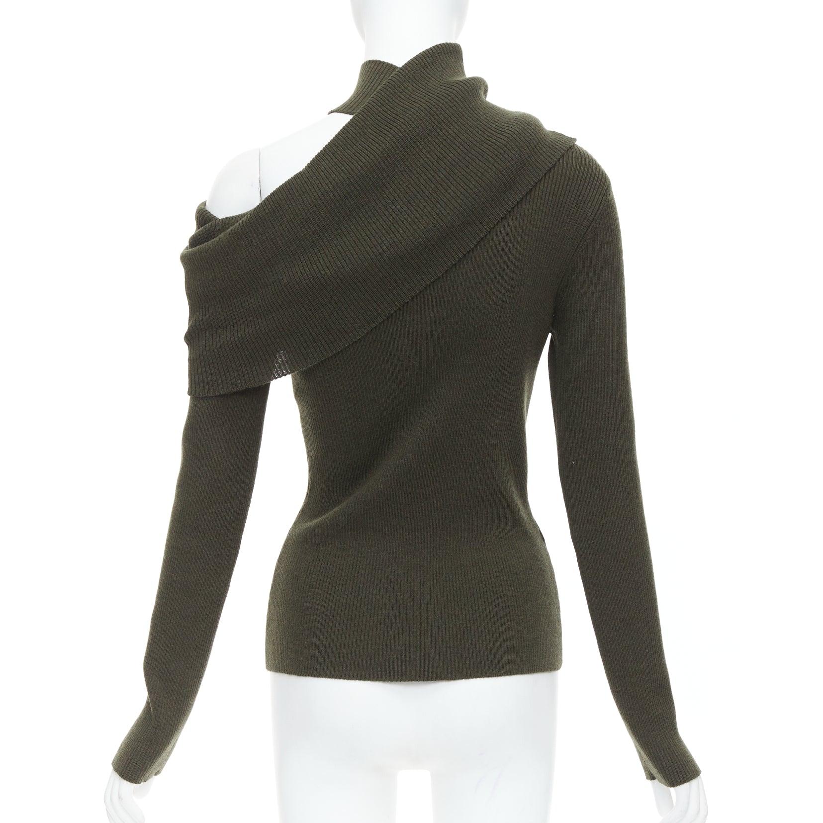 Women's MONSE green merino wool fold over draped off shoulder sweater S For Sale