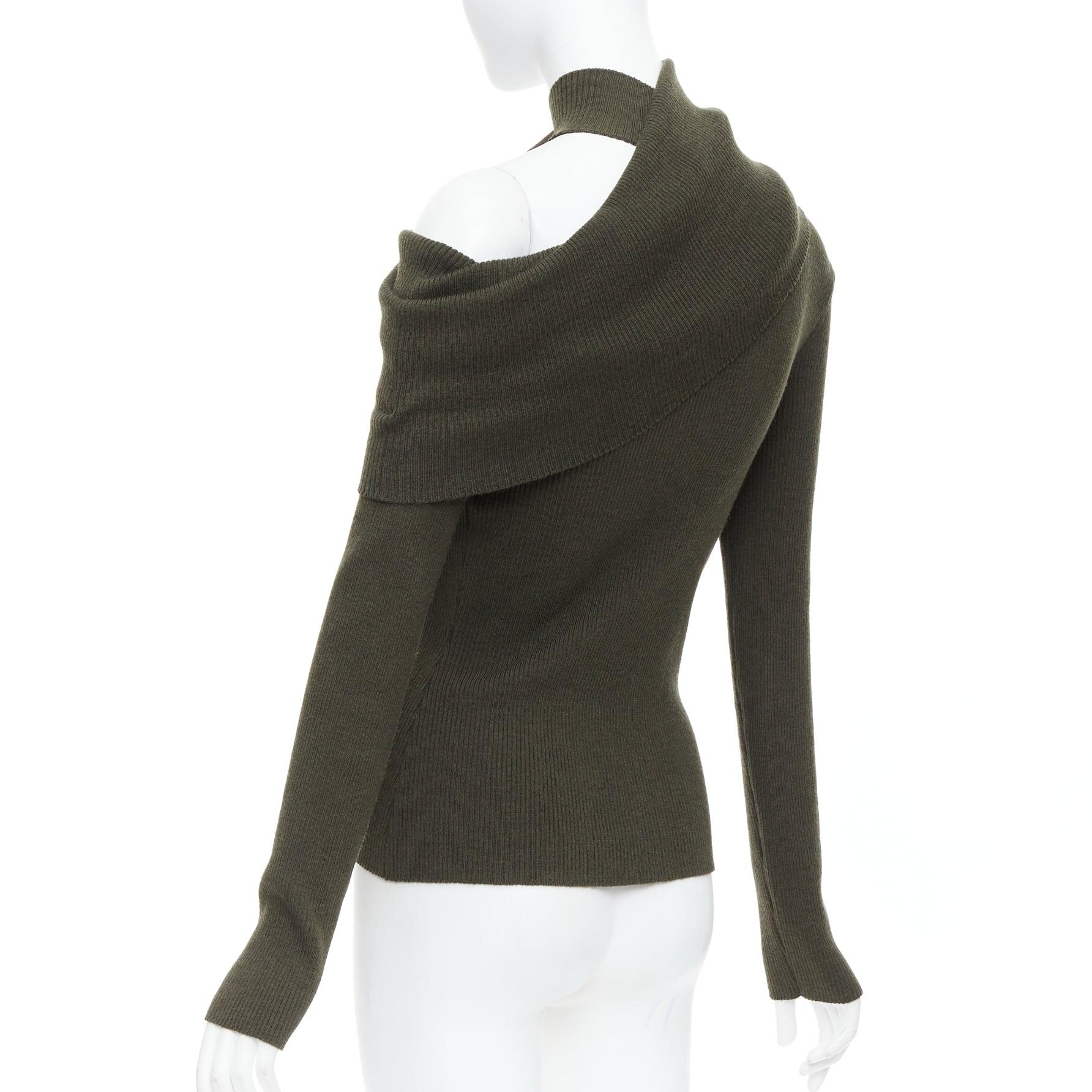 MONSE green merino wool fold over draped off shoulder sweater S For Sale 1