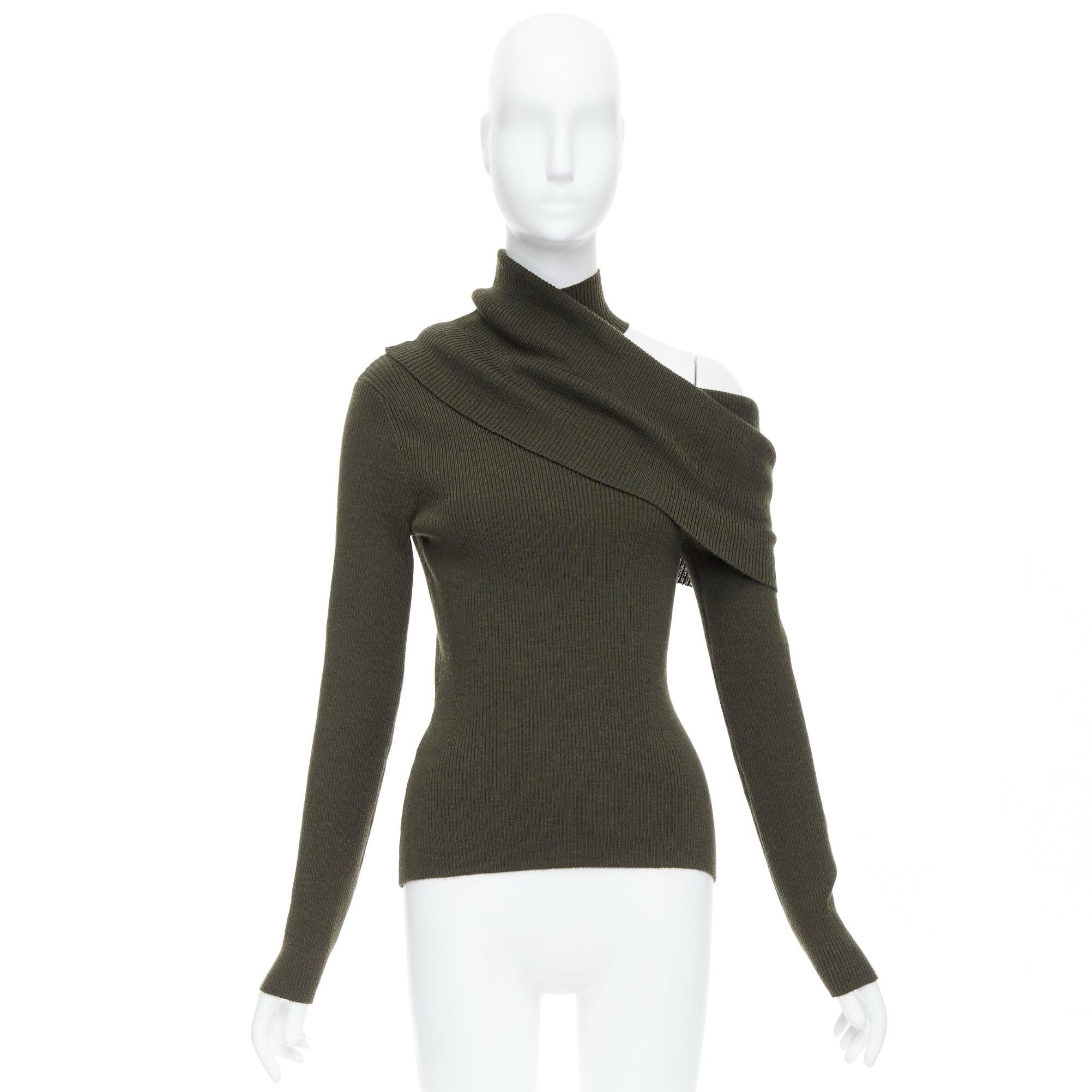MONSE green merino wool fold over draped off shoulder sweater S For Sale 4