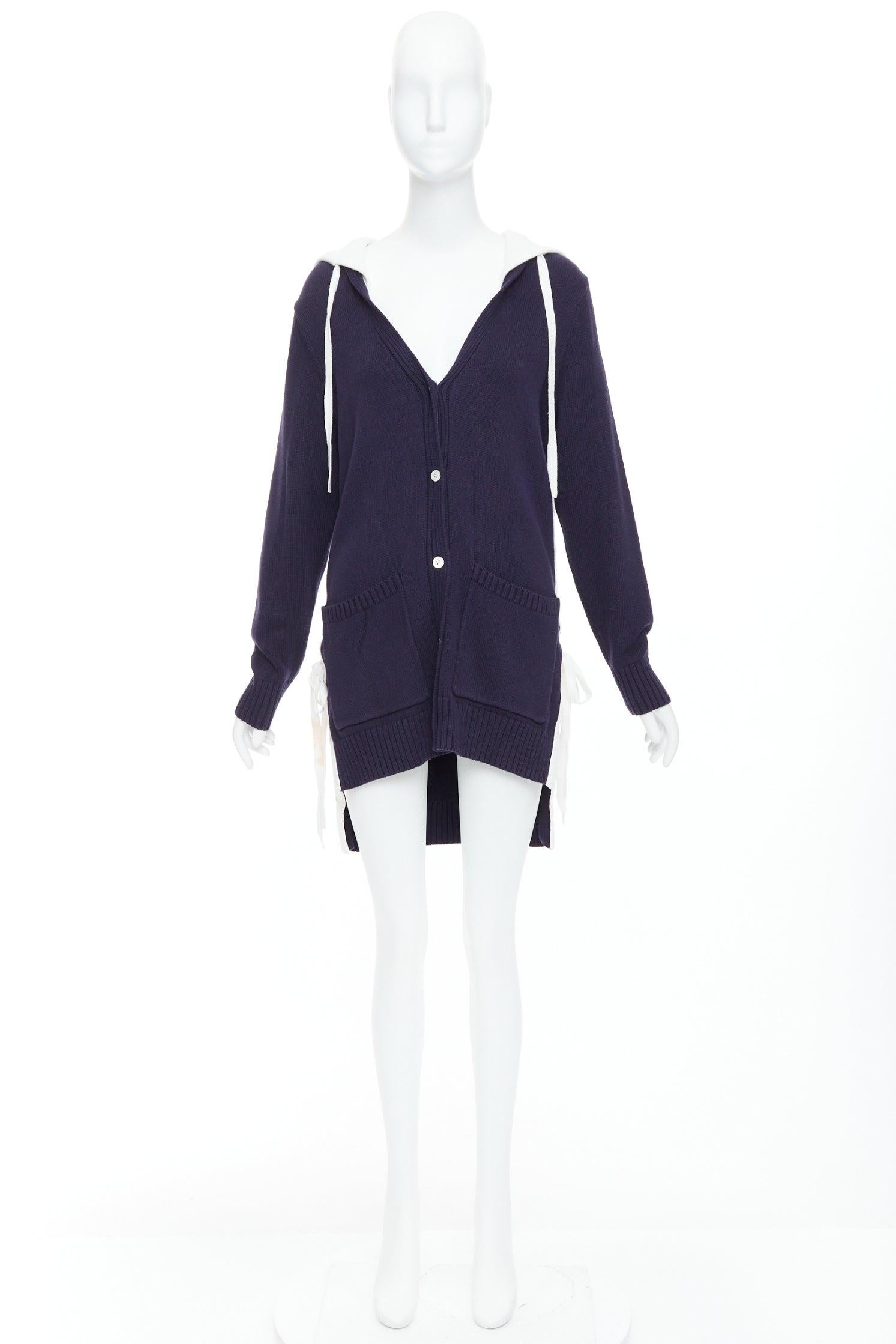 MONSE navy white cotton blend laced side hooded cardigan XS For Sale 5