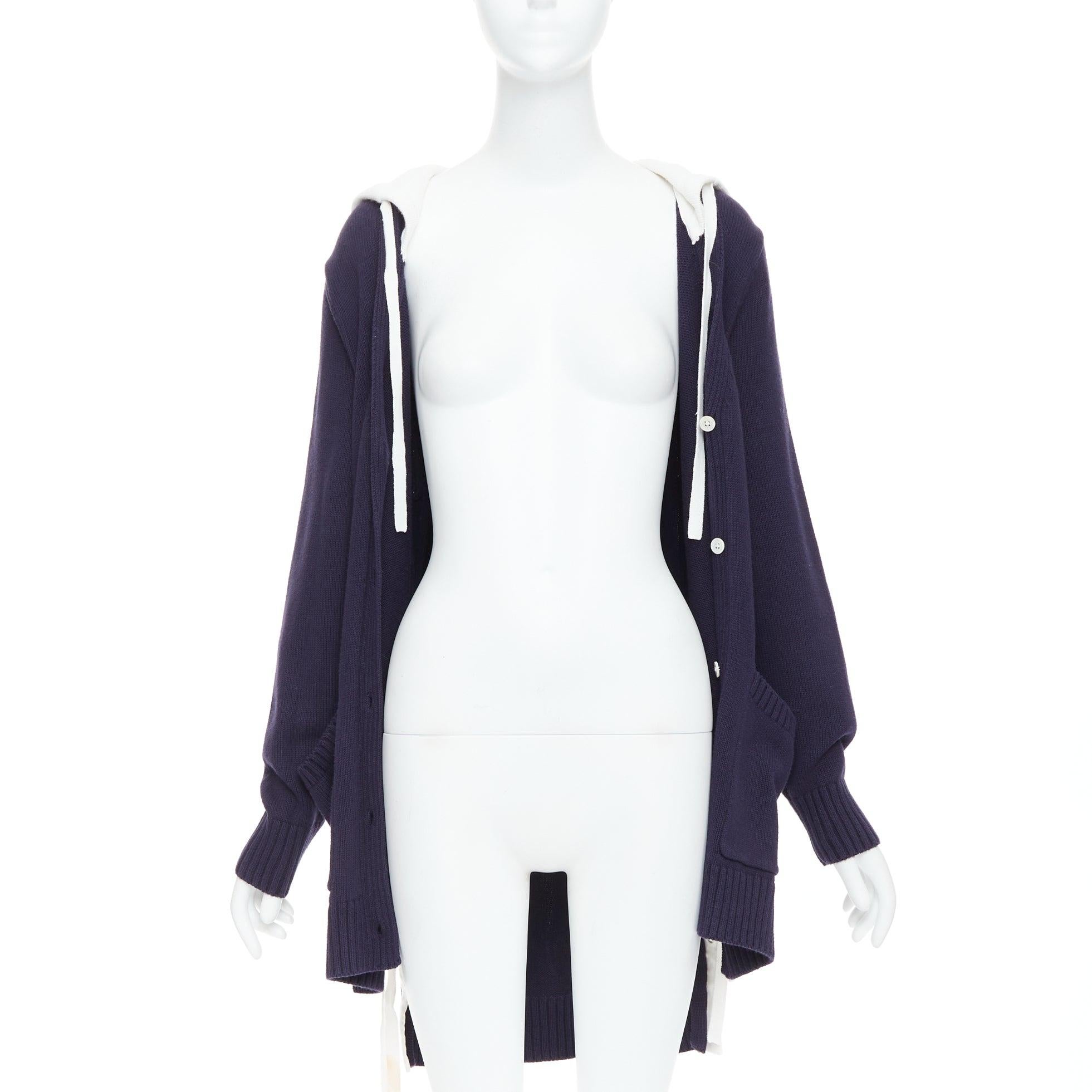 Black MONSE navy white cotton blend laced side hooded cardigan XS For Sale