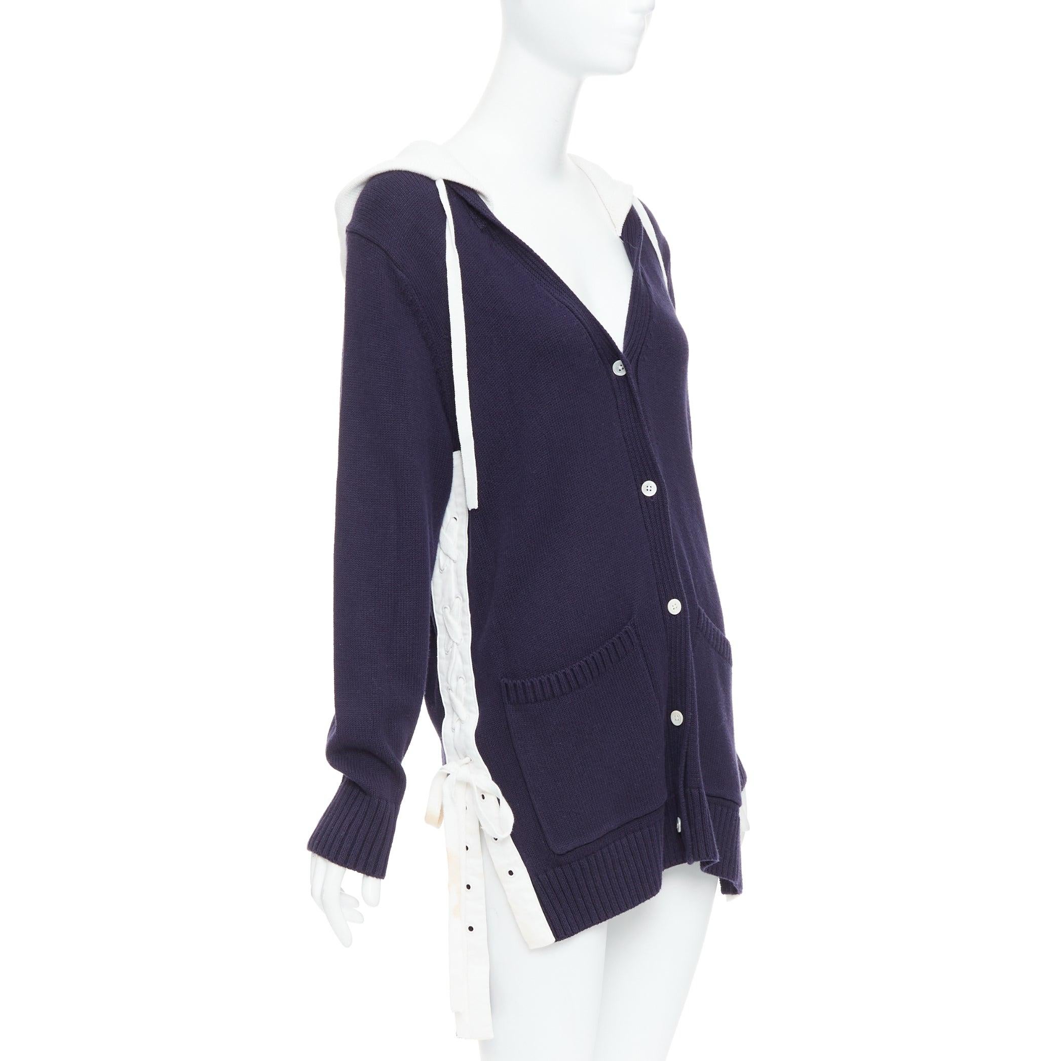 MONSE navy white cotton blend laced side hooded cardigan XS In Good Condition For Sale In Hong Kong, NT
