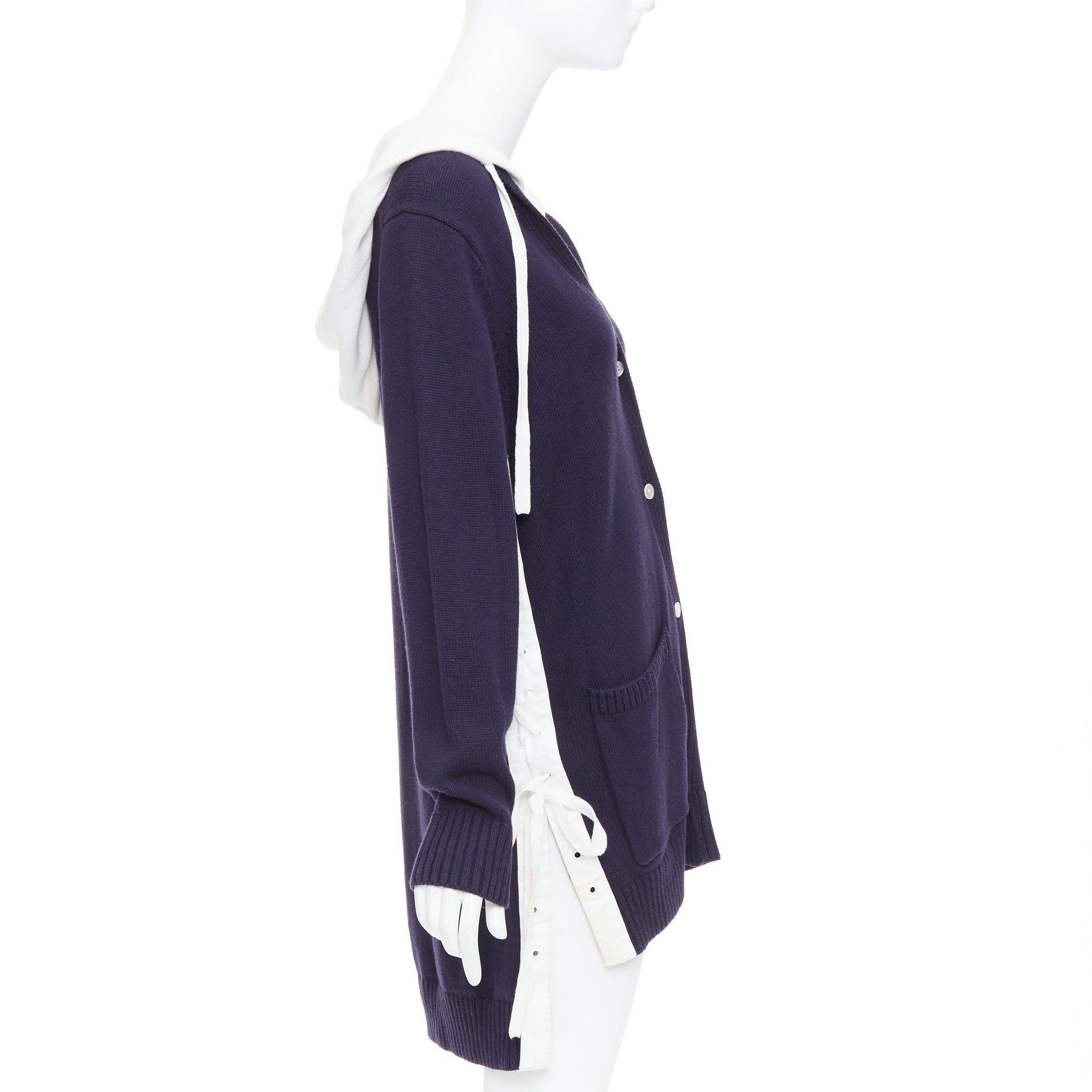 Women's MONSE navy white cotton blend laced side hooded cardigan XS For Sale