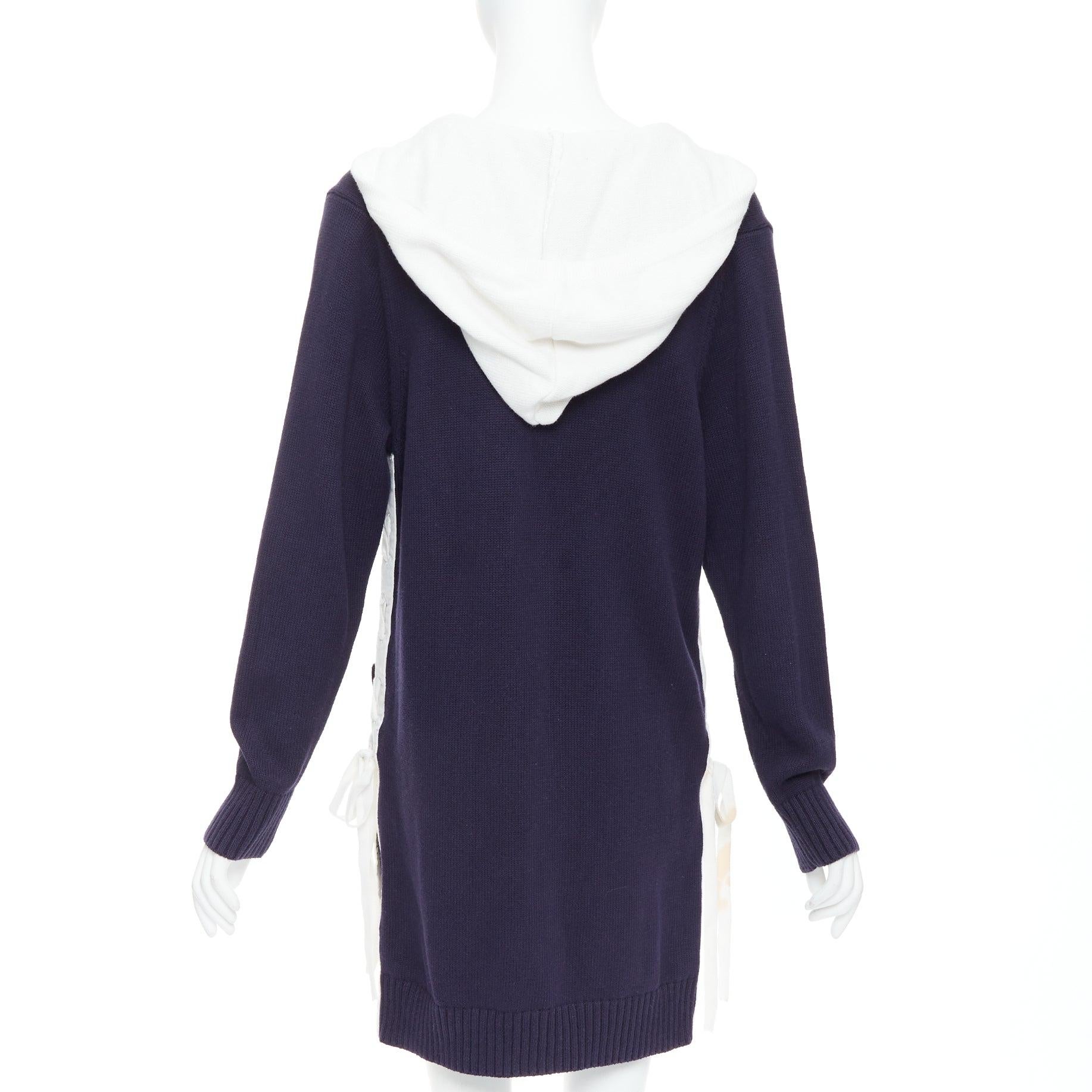 MONSE navy white cotton blend laced side hooded cardigan XS For Sale 1