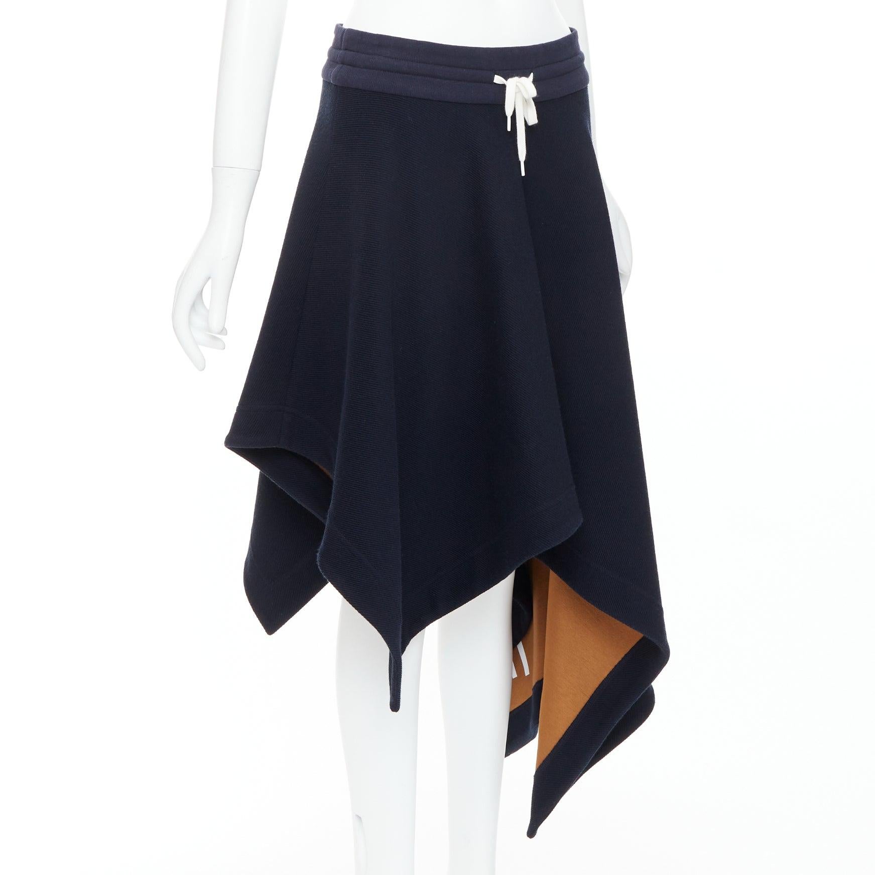 Black MONSE navy wool blend brown logo lining asymmetric skirt US6 M For Sale