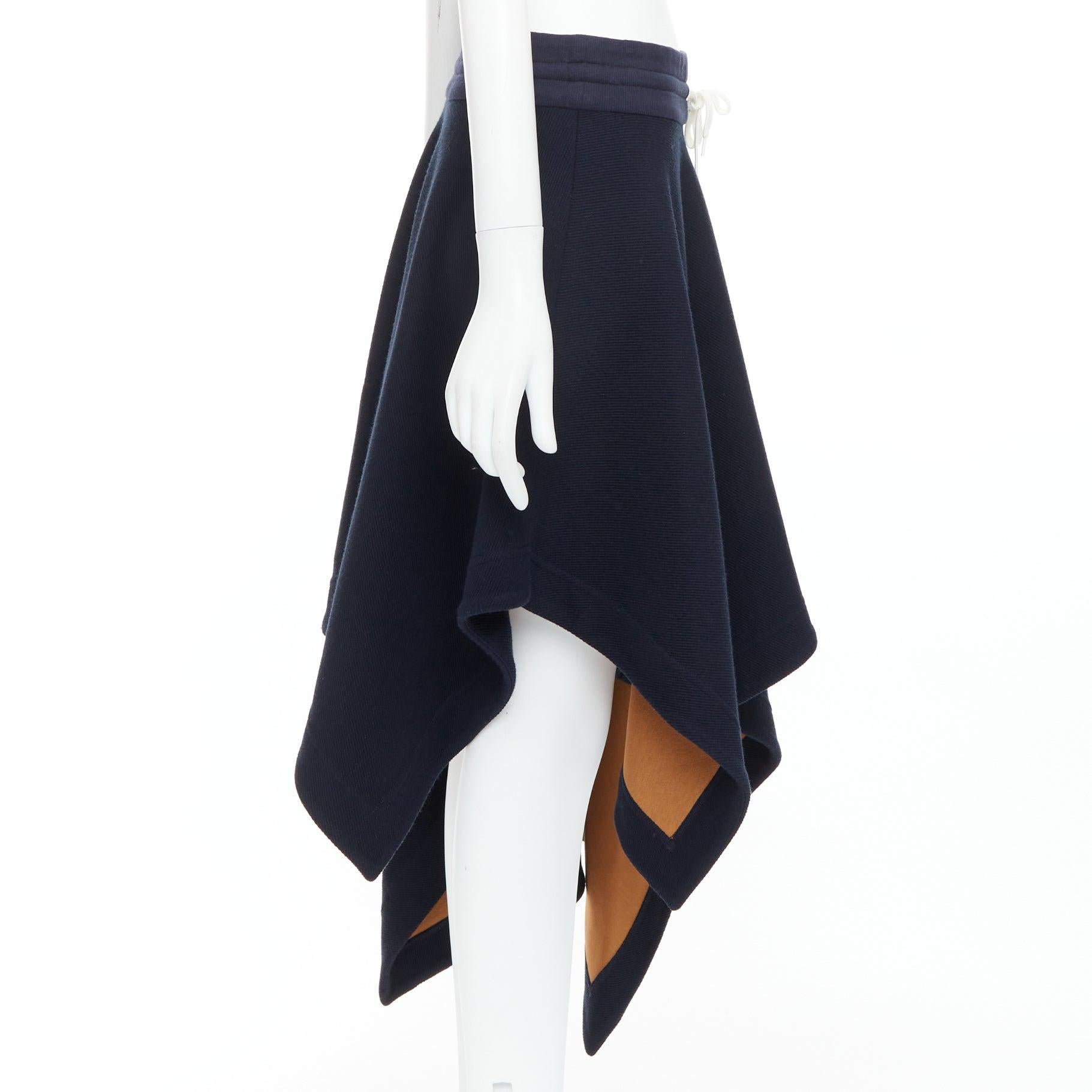 MONSE navy wool blend brown logo lining asymmetric skirt US6 M In Excellent Condition For Sale In Hong Kong, NT