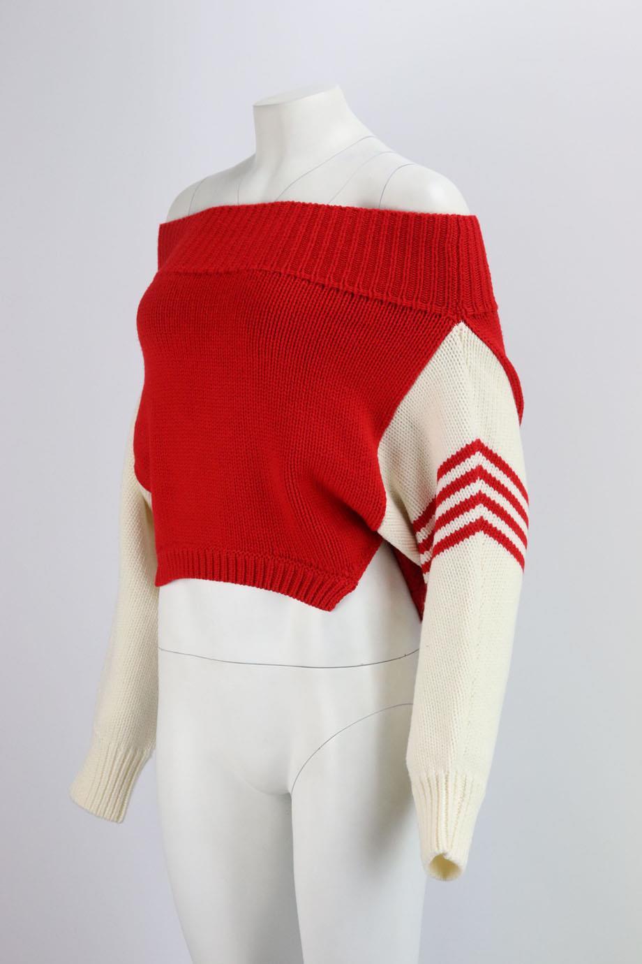 This sweater by Monse is made with an off-the-shoulder neckline, it's knitted from ultra soft wool and designed in a varsity-inspired white and red palette. Red and white wool. Slips on. 100% Wool. Size: Small (UK 8, US 4, FR 36, IT 40). Bust