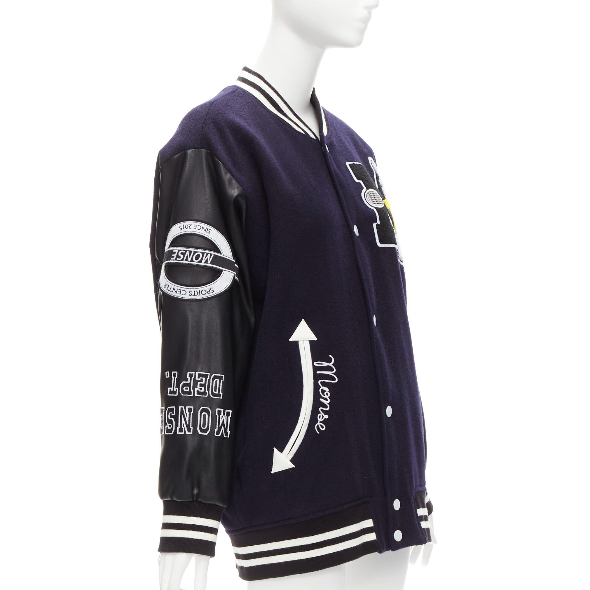 MONSE oversized letterman black navy wool PU sleeve varsity bomber jacket S In Excellent Condition In Hong Kong, NT