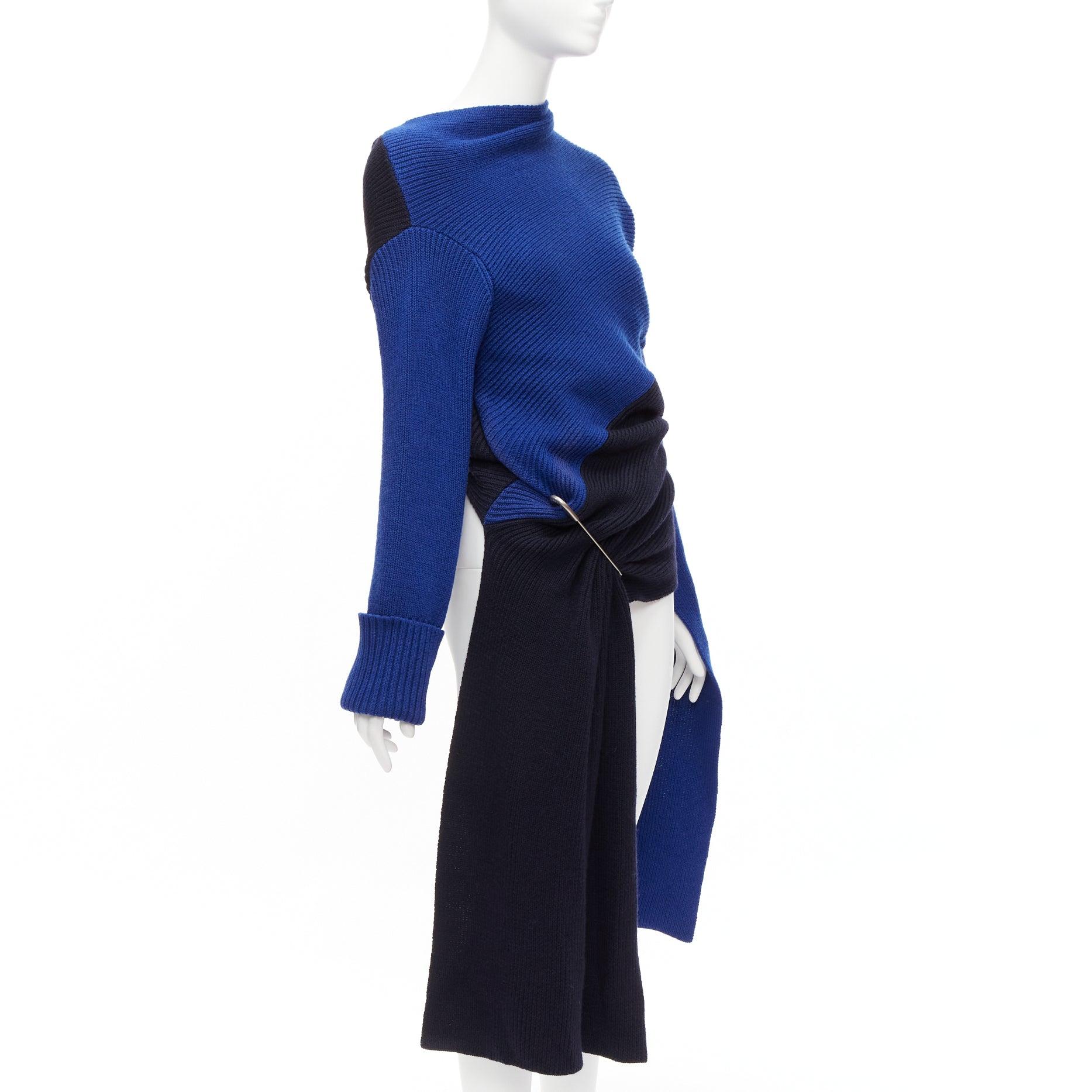 Blue MONSE Runway merino wool blue navy colorblock XL pin cape sleeve sweater XS For Sale