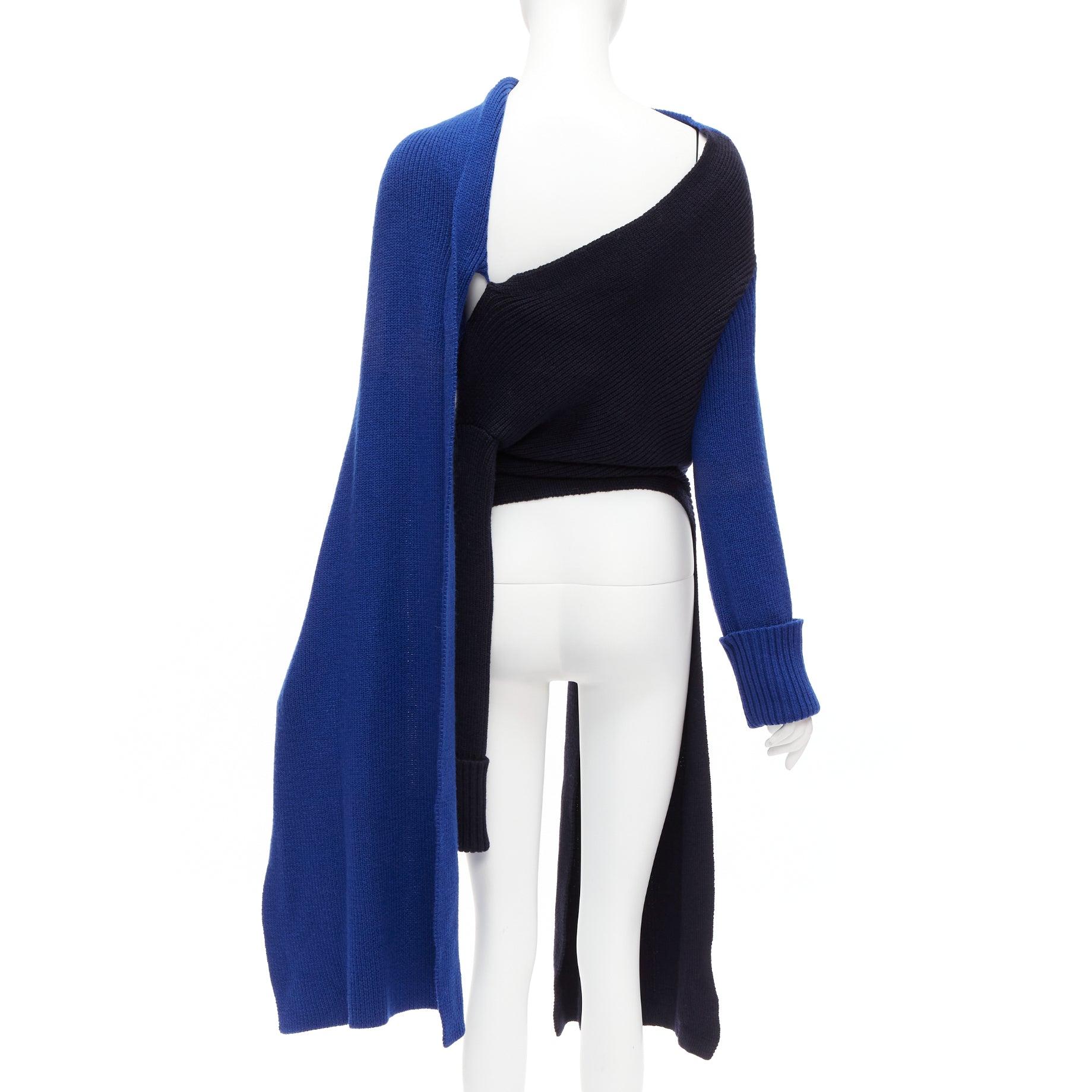 Women's MONSE Runway merino wool blue navy colorblock XL pin cape sleeve sweater XS For Sale