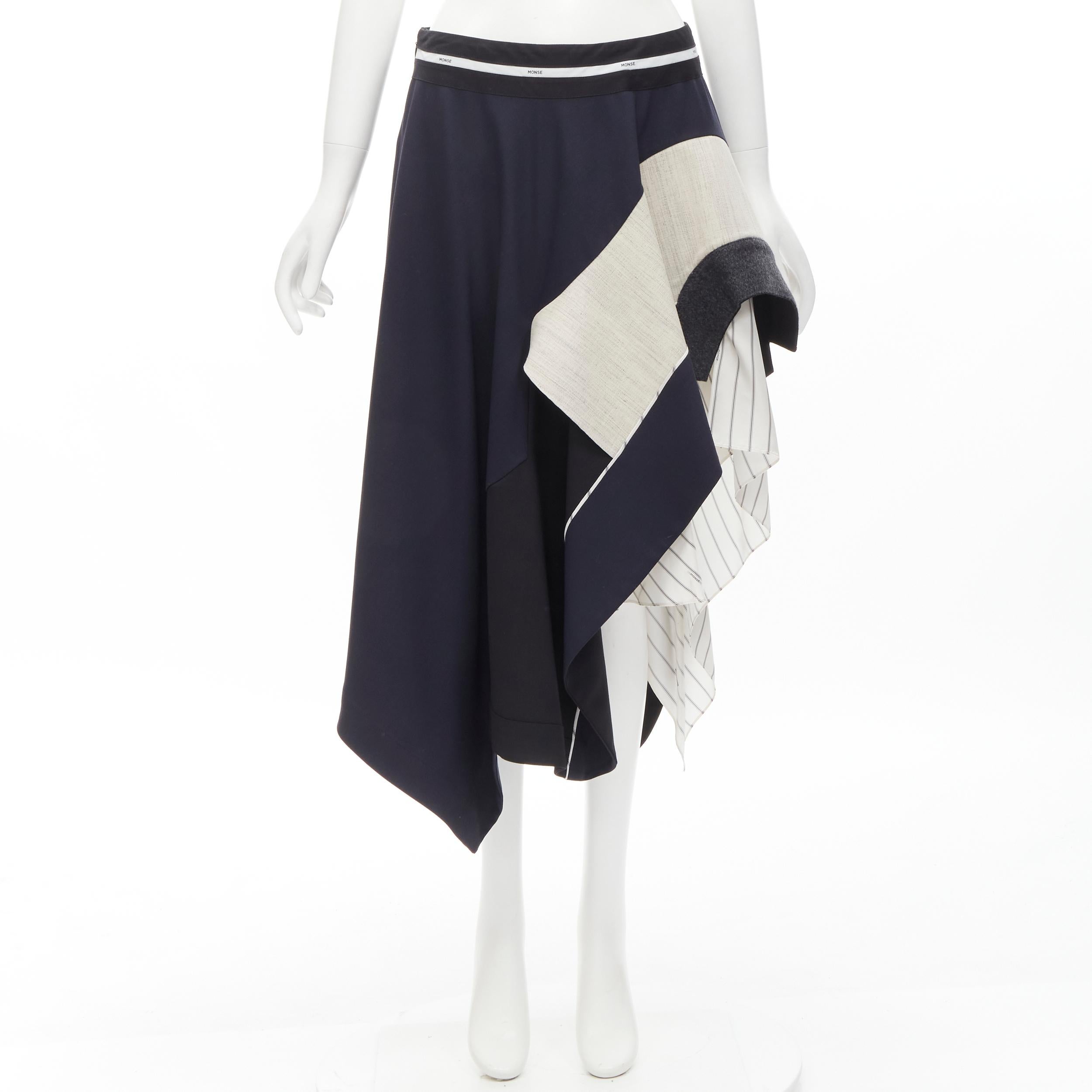 MONSE Runway mixed navy grey patchwork asymmetric skirt US4 S For Sale 4