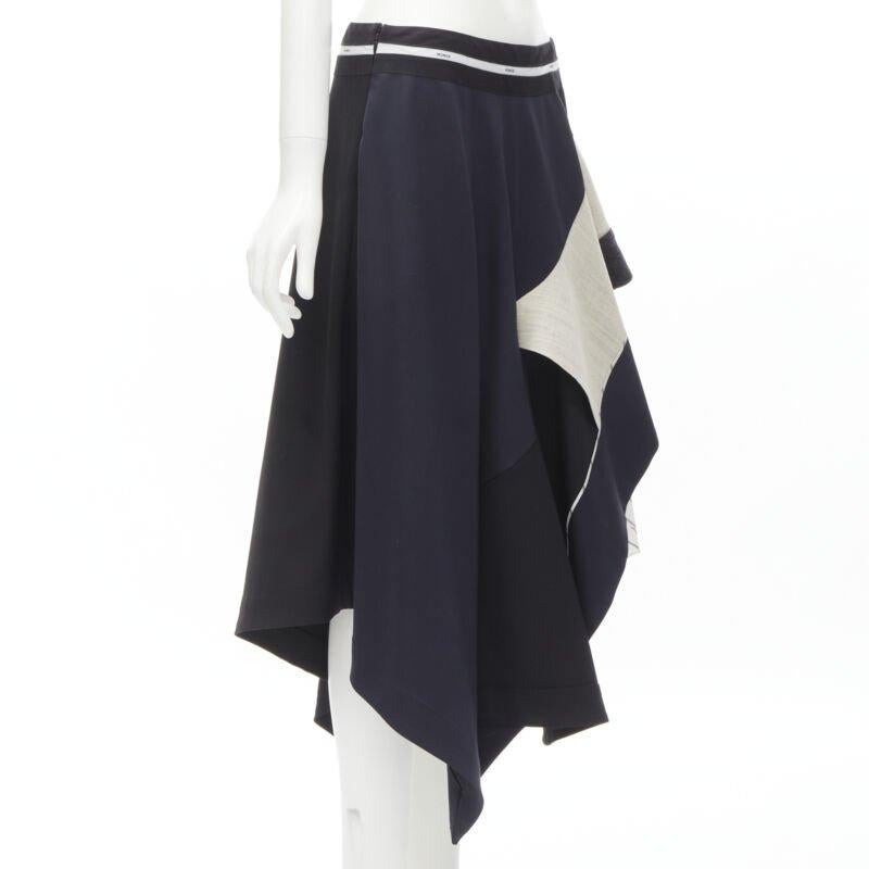 Black MONSE Runway mixed navy grey patchwork asymmetric skirt US4 S