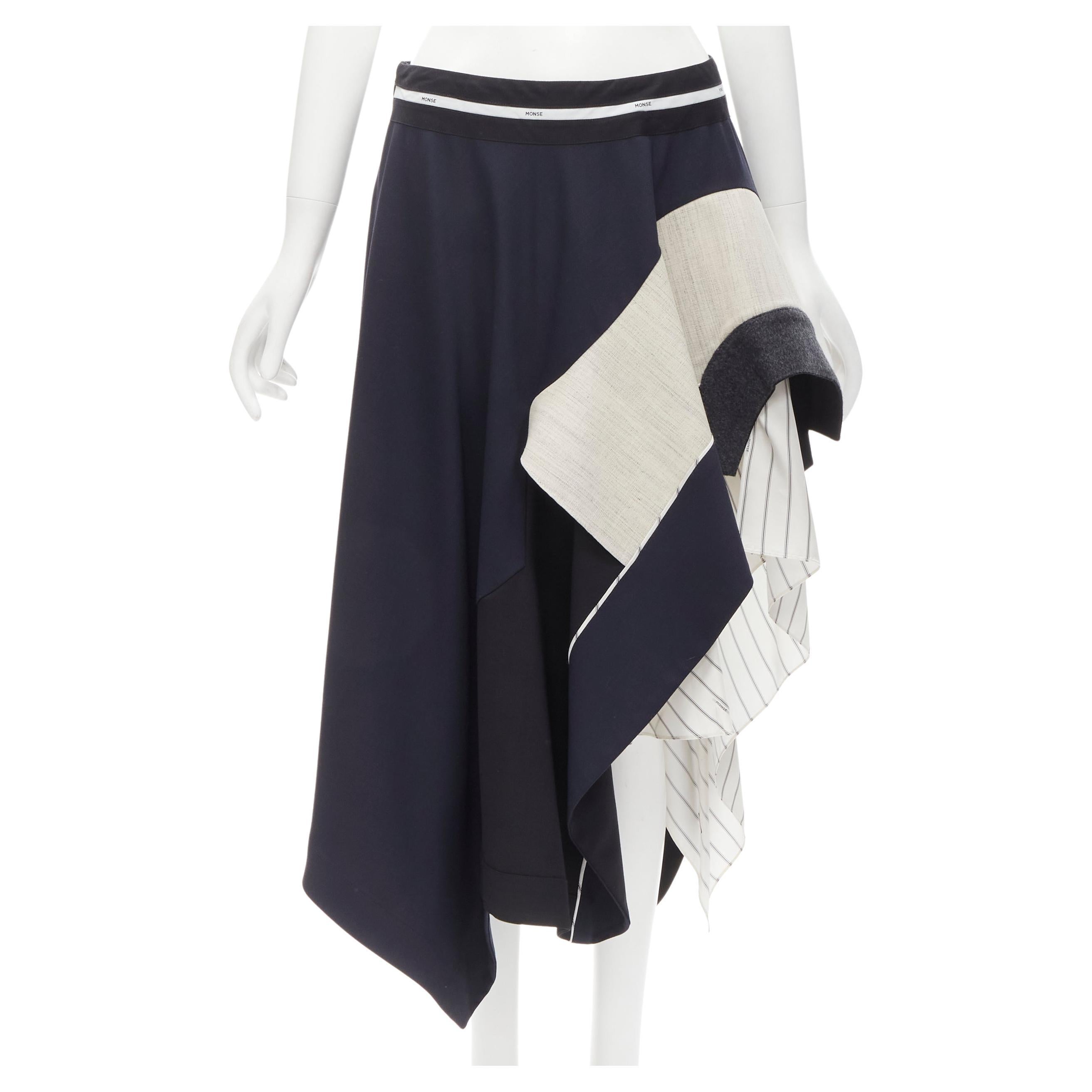 MONSE Runway mixed navy grey patchwork asymmetric skirt US4 S For Sale