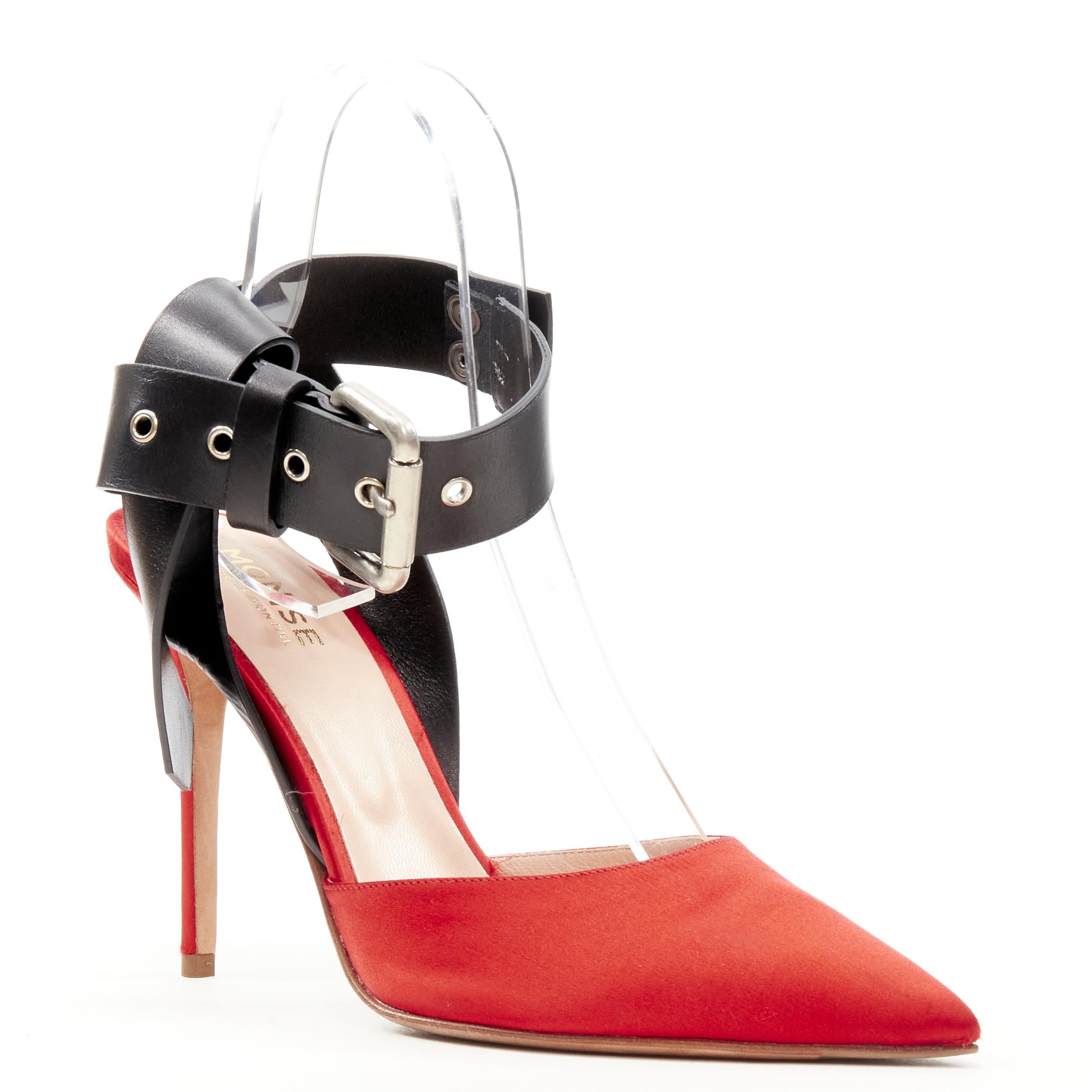 MONSE Runway red satin black punk ankle strap pump EU39 
Reference: KEDG/A00141 
Brand: Monse 
Material: Satin 
Color: Red 
Pattern: Solid 
Closure: Ankle strap 
Extra Detail: Extra long leather ankle strap. Satin heel. 

CONDITION: 
Condition: Very