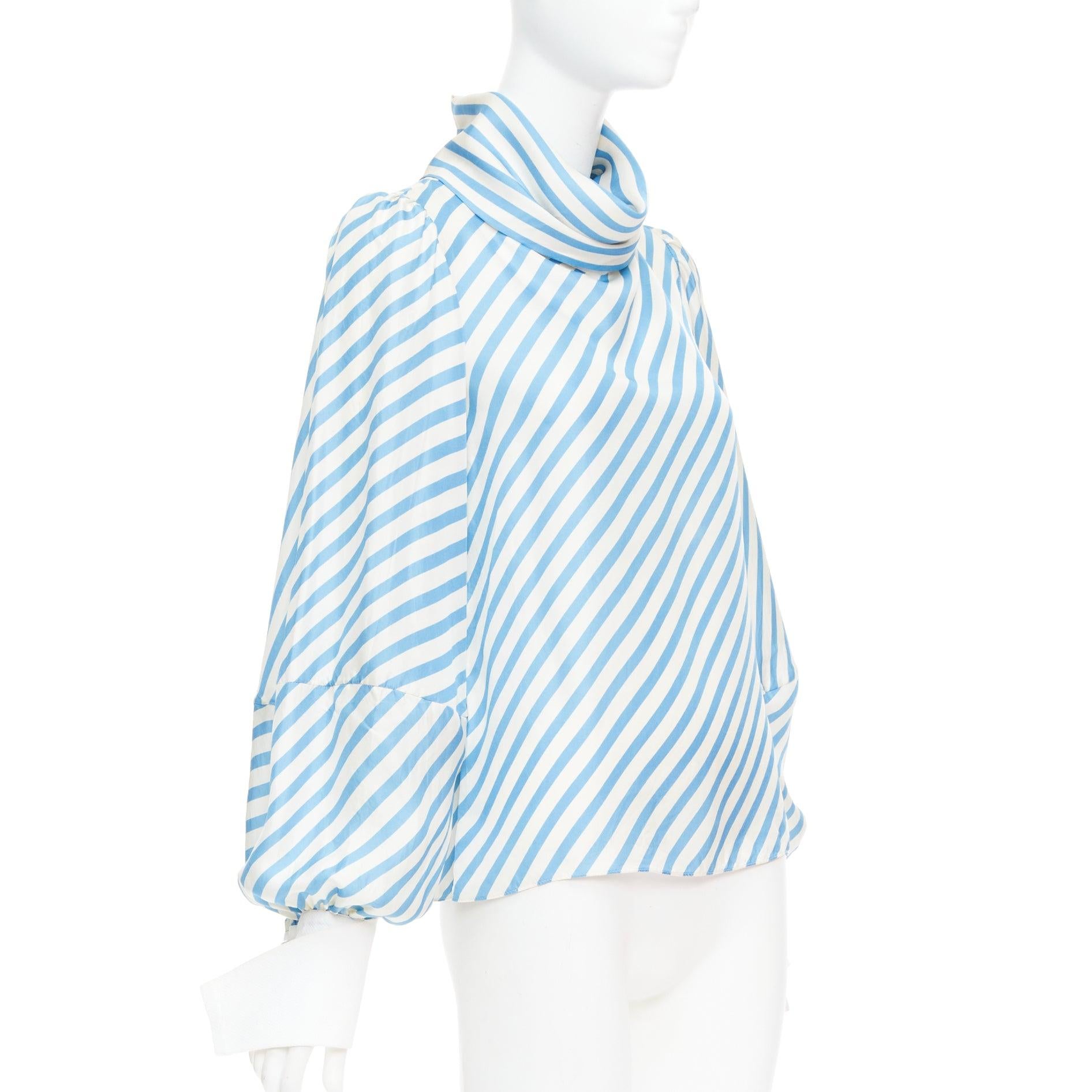 Blue MONSE silk twill blue cream bias cut striped puff sleeve blouse US2 S For Sale