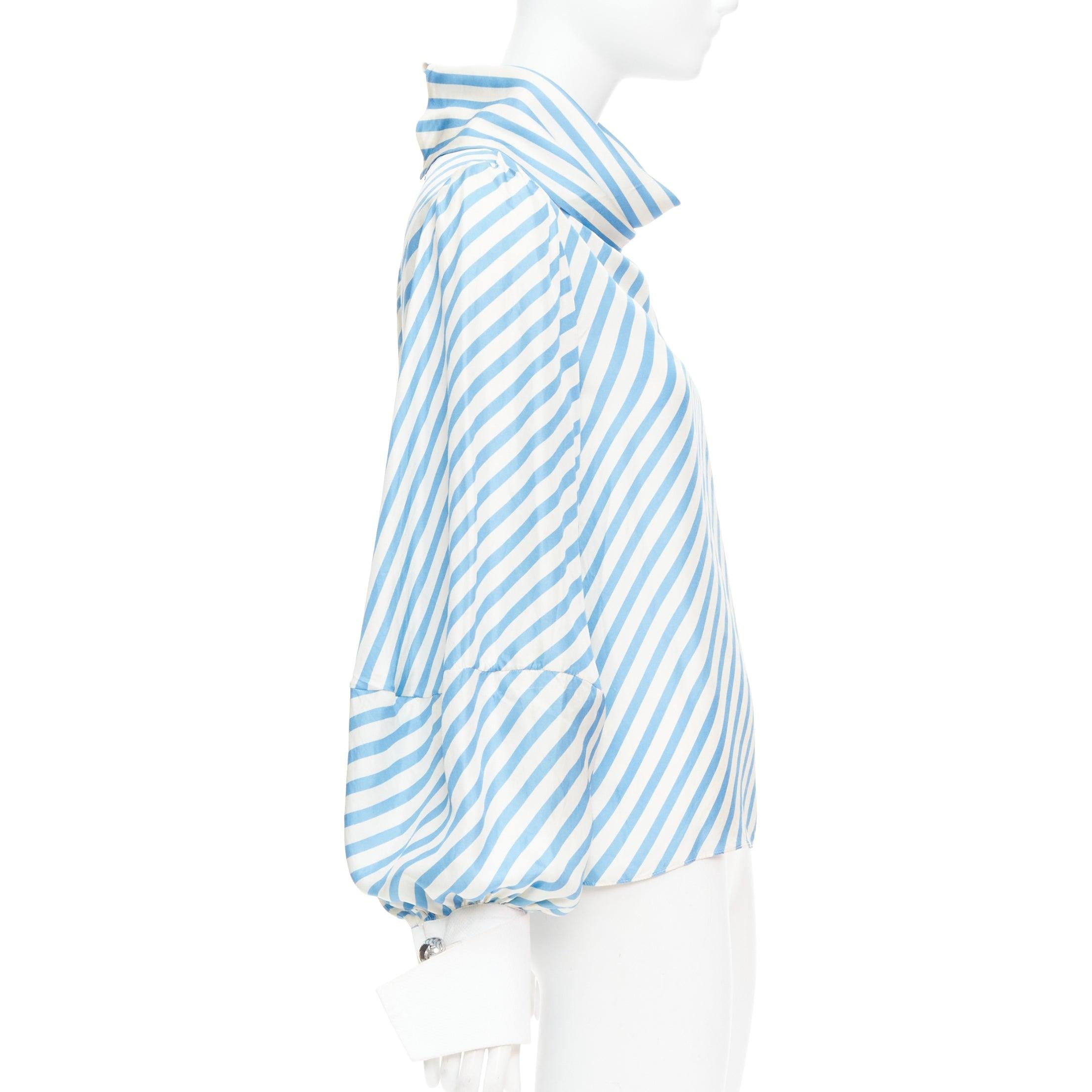 MONSE silk twill blue cream bias cut striped puff sleeve blouse US2 S In Fair Condition For Sale In Hong Kong, NT