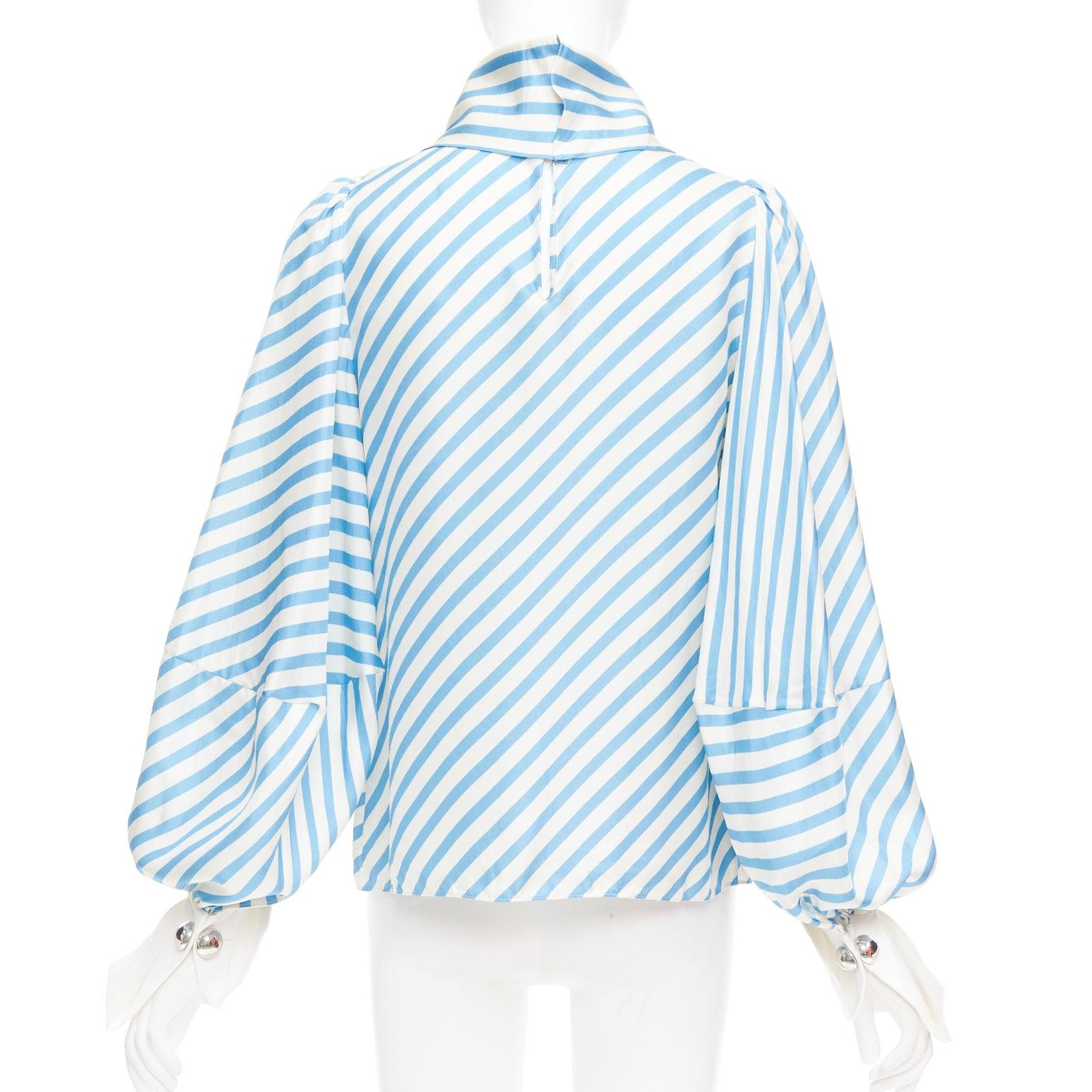 Women's MONSE silk twill blue cream bias cut striped puff sleeve blouse US2 S For Sale