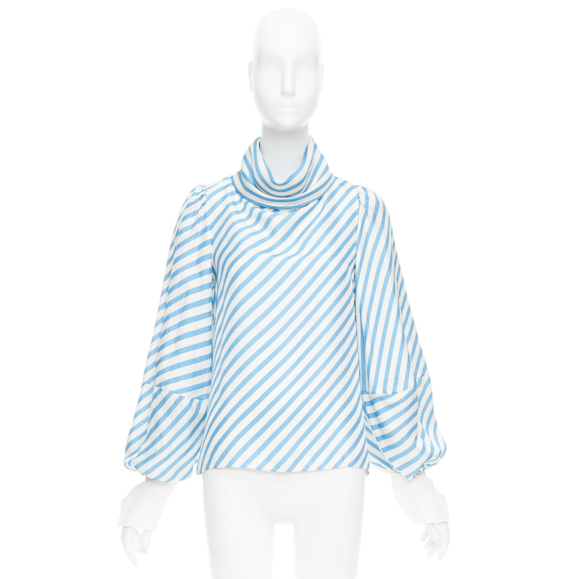 MONSE silk twill blue cream bias cut striped puff sleeve blouse US2 S For Sale 4