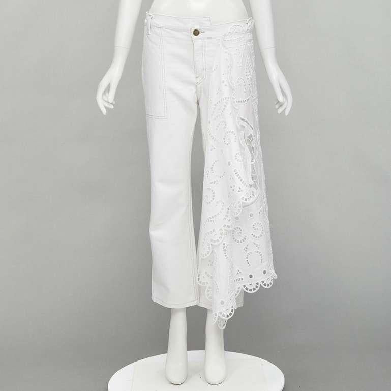 MONSE white denim cotton embroidery anglais draped trim straight leg jeans US2 S For Sale 5