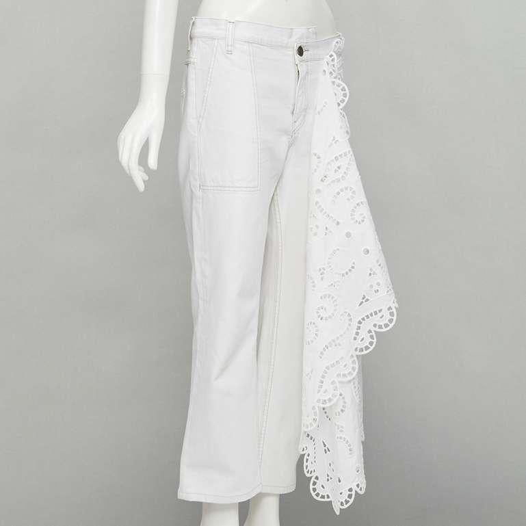 Gray MONSE white denim cotton embroidery anglais draped trim straight leg jeans US2 S For Sale