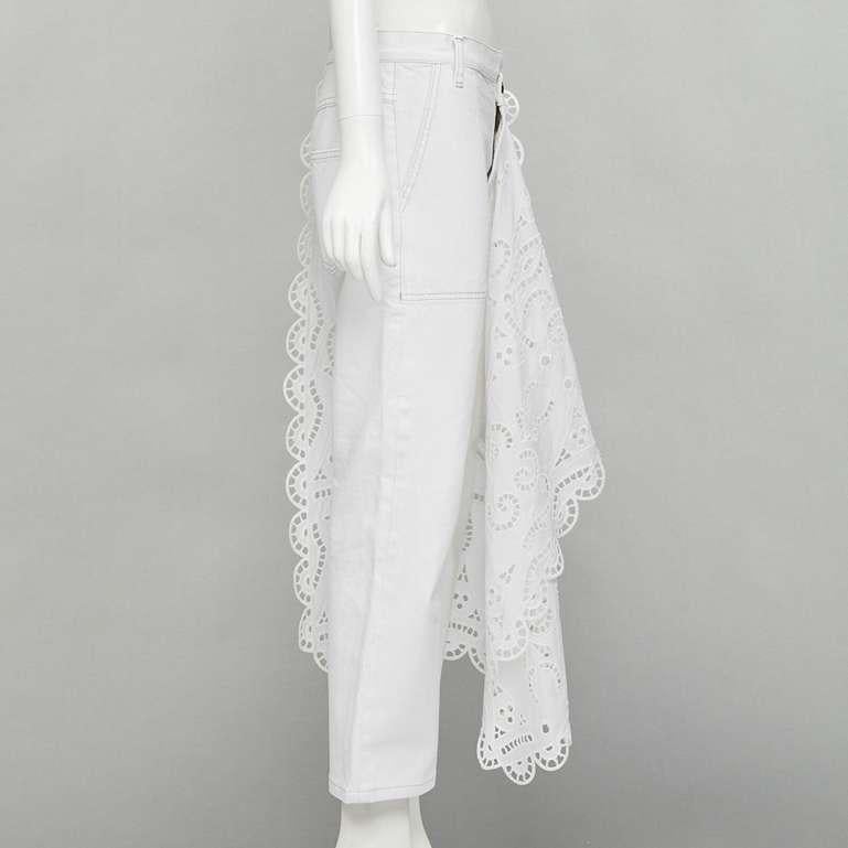 MONSE white denim cotton embroidery anglais draped trim straight leg jeans US2 S In Good Condition For Sale In Hong Kong, NT