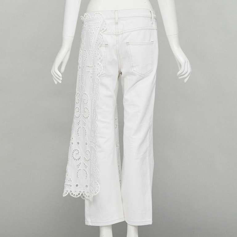 Women's MONSE white denim cotton embroidery anglais draped trim straight leg jeans US2 S For Sale