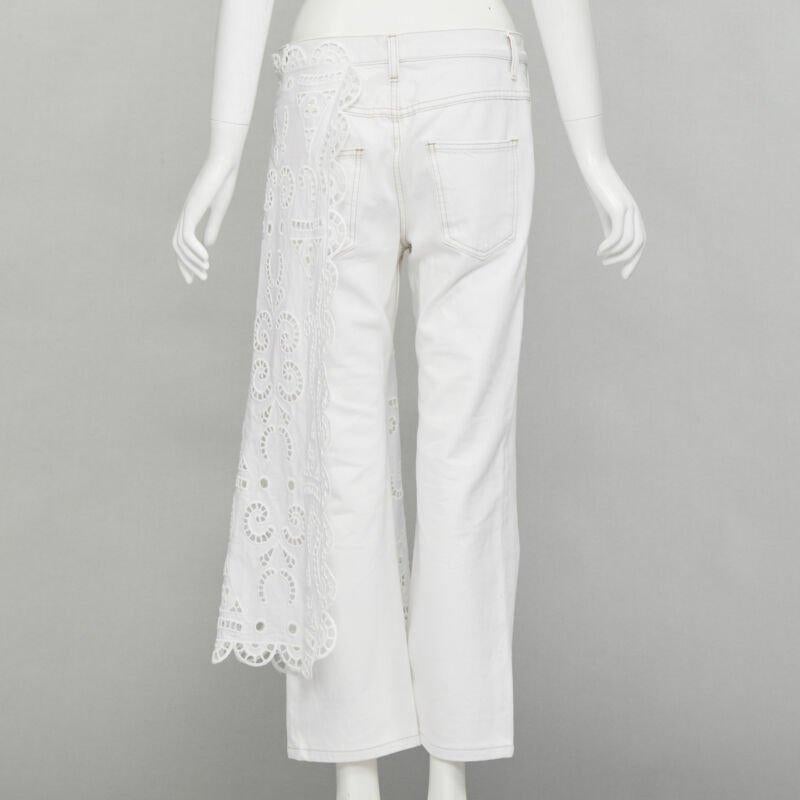 Women's MONSE white denim cotton embroidery anglais draped trim straight leg jeans US2 S For Sale