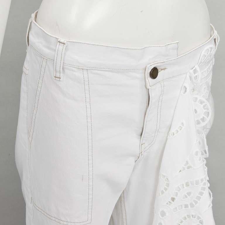 MONSE white denim cotton embroidery anglais draped trim straight leg jeans US2 S For Sale 2