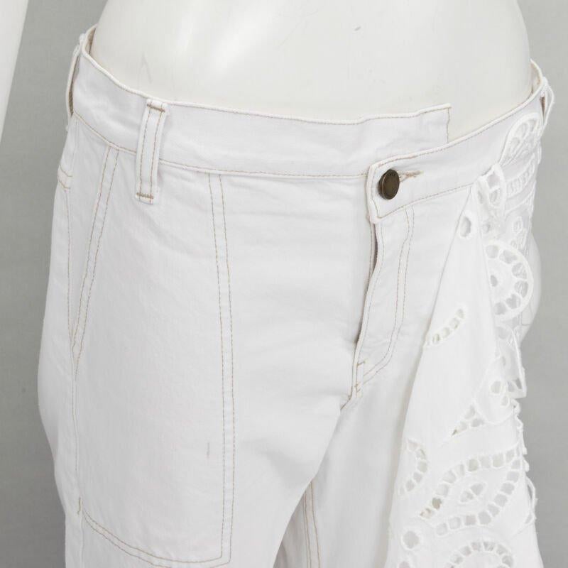 MONSE white denim cotton embroidery anglais draped trim straight leg jeans US2 S For Sale 2