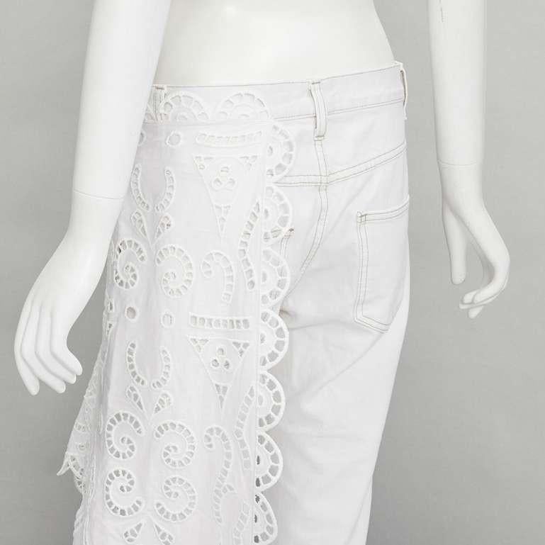 MONSE white denim cotton embroidery anglais draped trim straight leg jeans US2 S For Sale 3